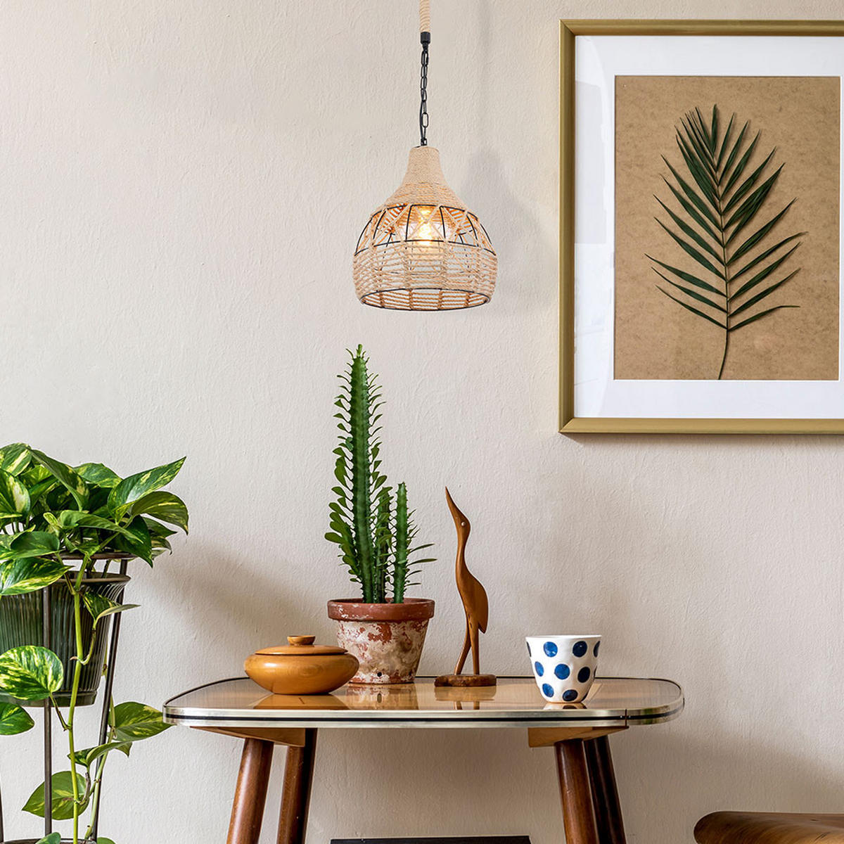 HÄNGELEUCHTE Hanfseil Braun Gitteroptik - Braun, Metall (30/30/135cm) - Globo Lighting