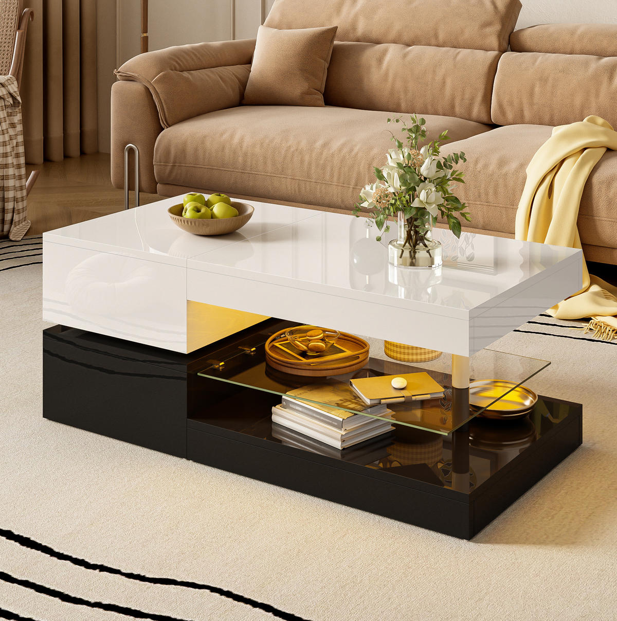 COUCHTISCH 90/45/35,5 cm mit LED-Beleuchtung, Glasablage & Hochglanz in Schwarz/Weiß - Weiß, Holzwerkstoff (90/45/35.5cm) - Flora Grace