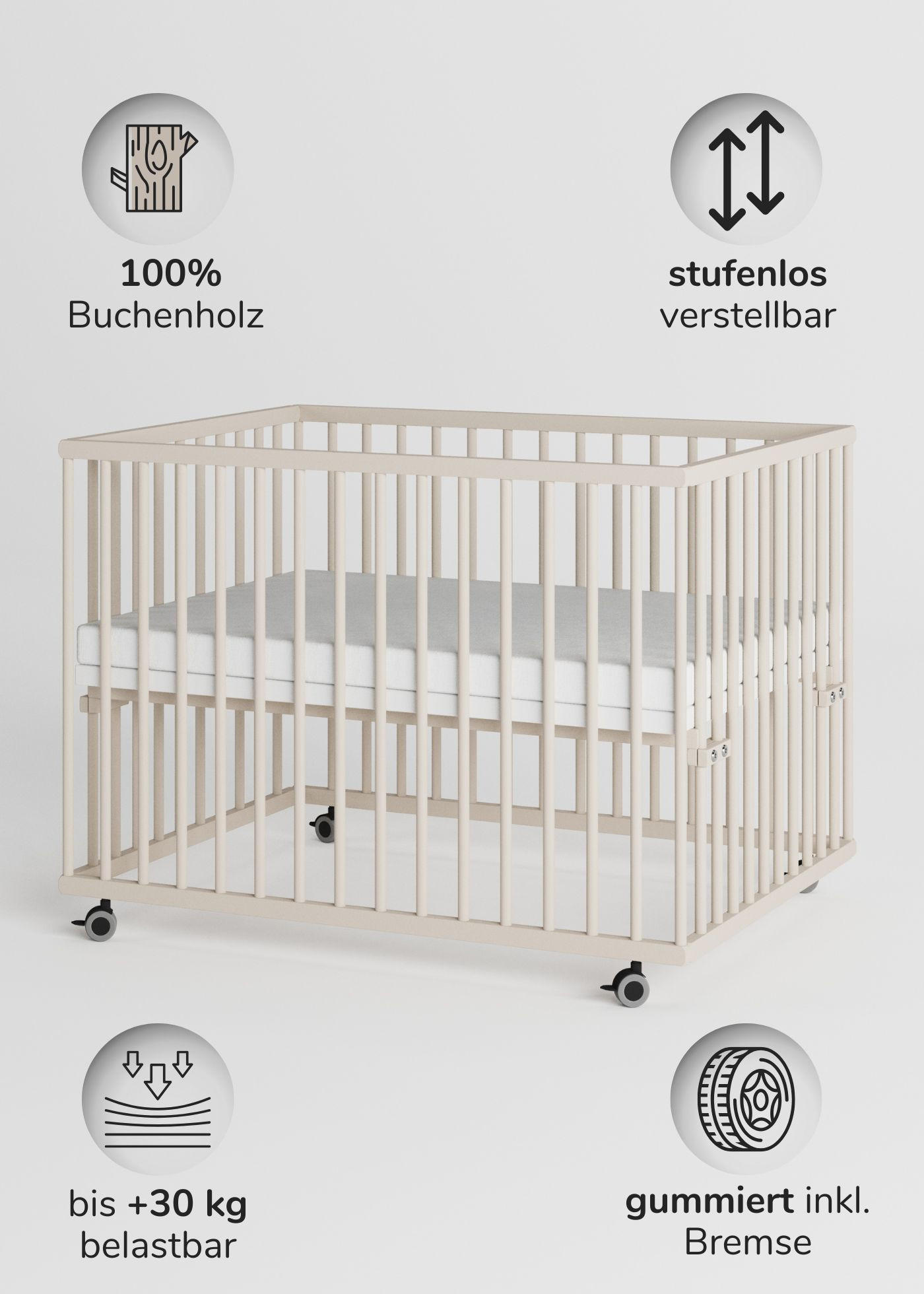 LAUFGITTER 75x100 cm mit Matratze - sahara dust - Premium Kollektion - Sandfarben, Holz (100/74/75cm) - Sämann – make a difference.