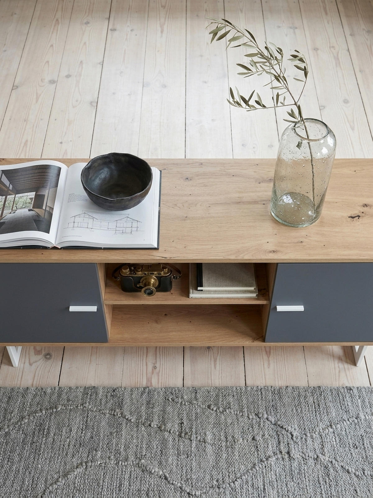 TV-LOWBOARD mit Eiche-Dekor und 2 Türen, modern, Braun-Grau 150x40x55 cm - Silberfarben/Braun, Holzwerkstoff/Metall (150/55/40cm) - KADIMA DESIGN