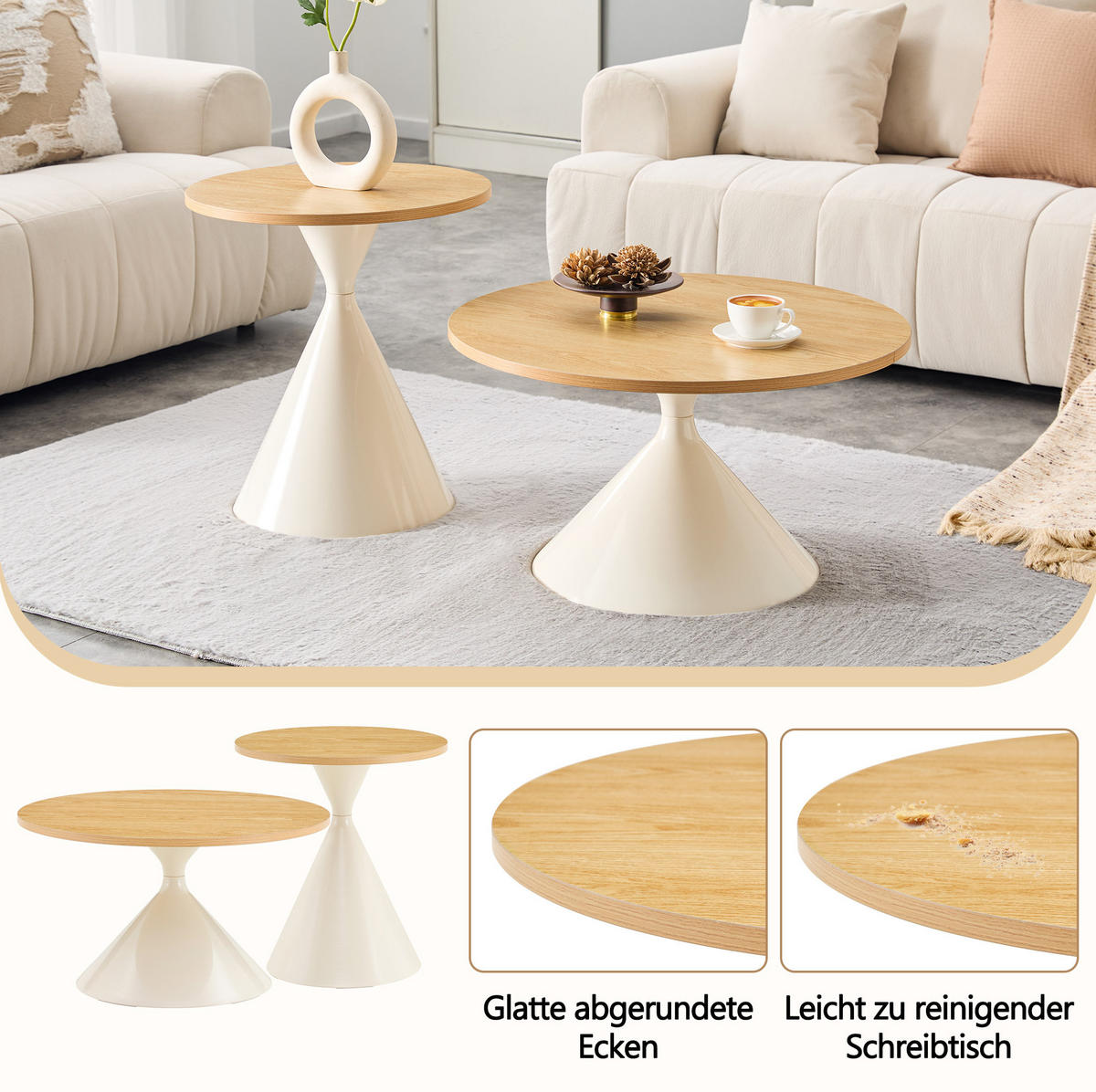COUCHTISCH-SET 70/70/40 cm Holzoptik/Creme aus Metall stapelbar - Eichefarben, Metall (70/70/40cm) - OKWISH