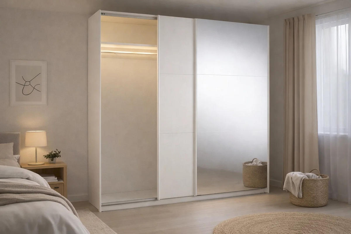SCHIEBETÜRENSCHRANK LIVORA 12 - 221×207×60 cm mit Beleuchtung 2 Türen, mit Spiegel Weiß - Klar/Weiß, Holz/Holzwerkstoff (221/207/60cm) - Milaros Markt