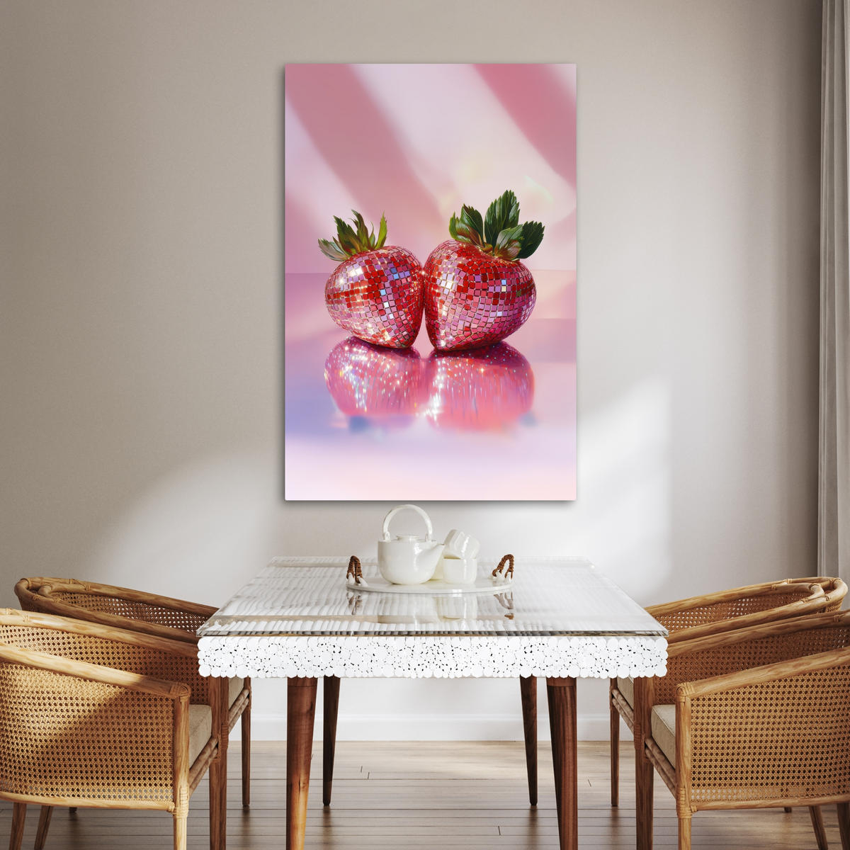 LEINWANDBILD Disco - Obst - Glitzer - Erdbeere 80x120 cm - Pink, Textil (80/120cm) - MuchoWow