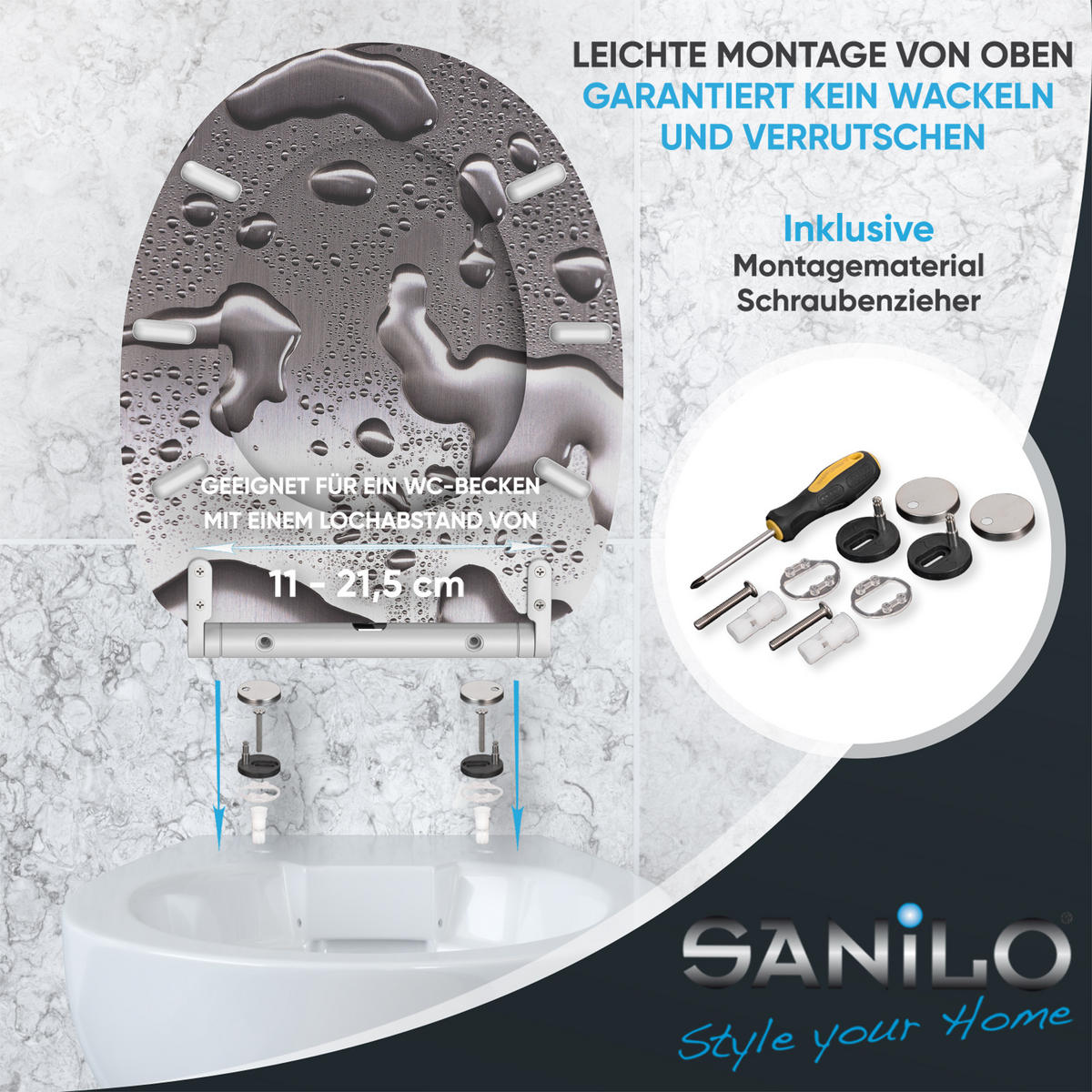 WC-SITZ mit Absenkautomatik & Top Fix Dewdrop - Grau, Holzwerkstoff (37.7/5.5/48cm) - Sanilo
