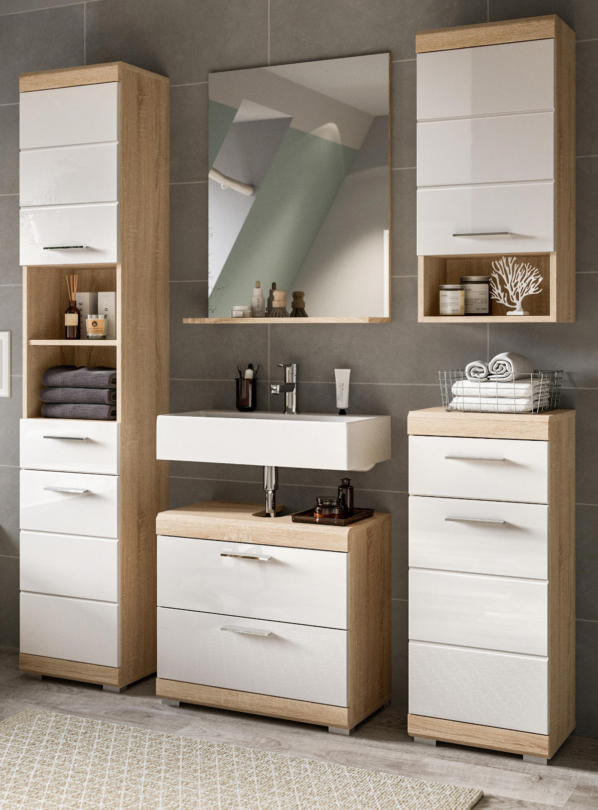 BADMÖBEL-SET weiß Hochglanz, Eiche 5-teilig 164 cm, Komplettset mit viel Stauraum - Weiß Hochglanz/Eichefarben, Holzwerkstoff (164/191/37cm) - Inn.Furn