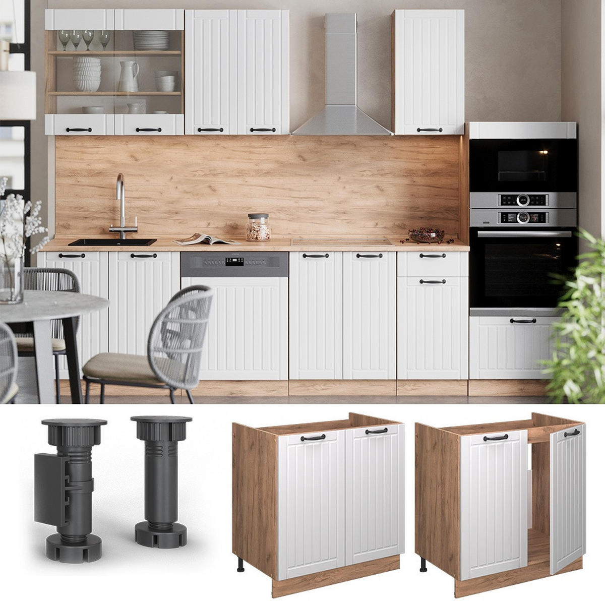 SPÜLENUNTERSCHRANK Fame-Line Weiß Landhaus 80 cm , AP Marmor - Honigeiche/Weiß, Holzwerkstoff (80/82/60cm) - Vicco