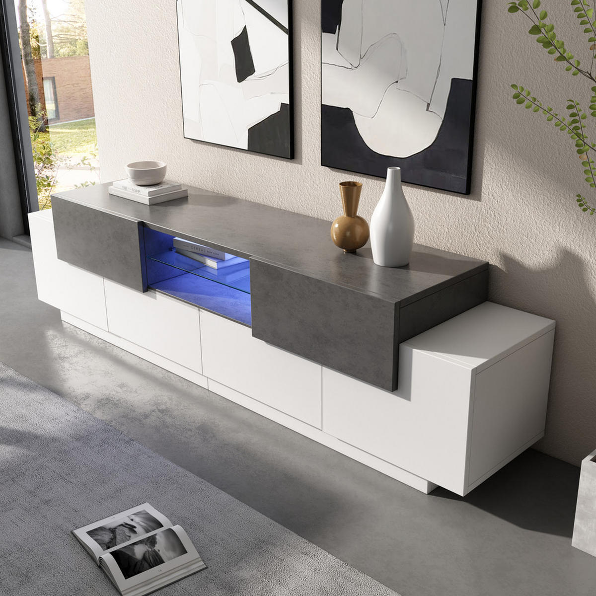 TV-SCHRANK Modern Lowboard LED-Beleuchtung Glasböden Weiß-Grau bis 80 Zoll - Weiß, Holz (48.26/18.42/99.06cm) - FLIEKS