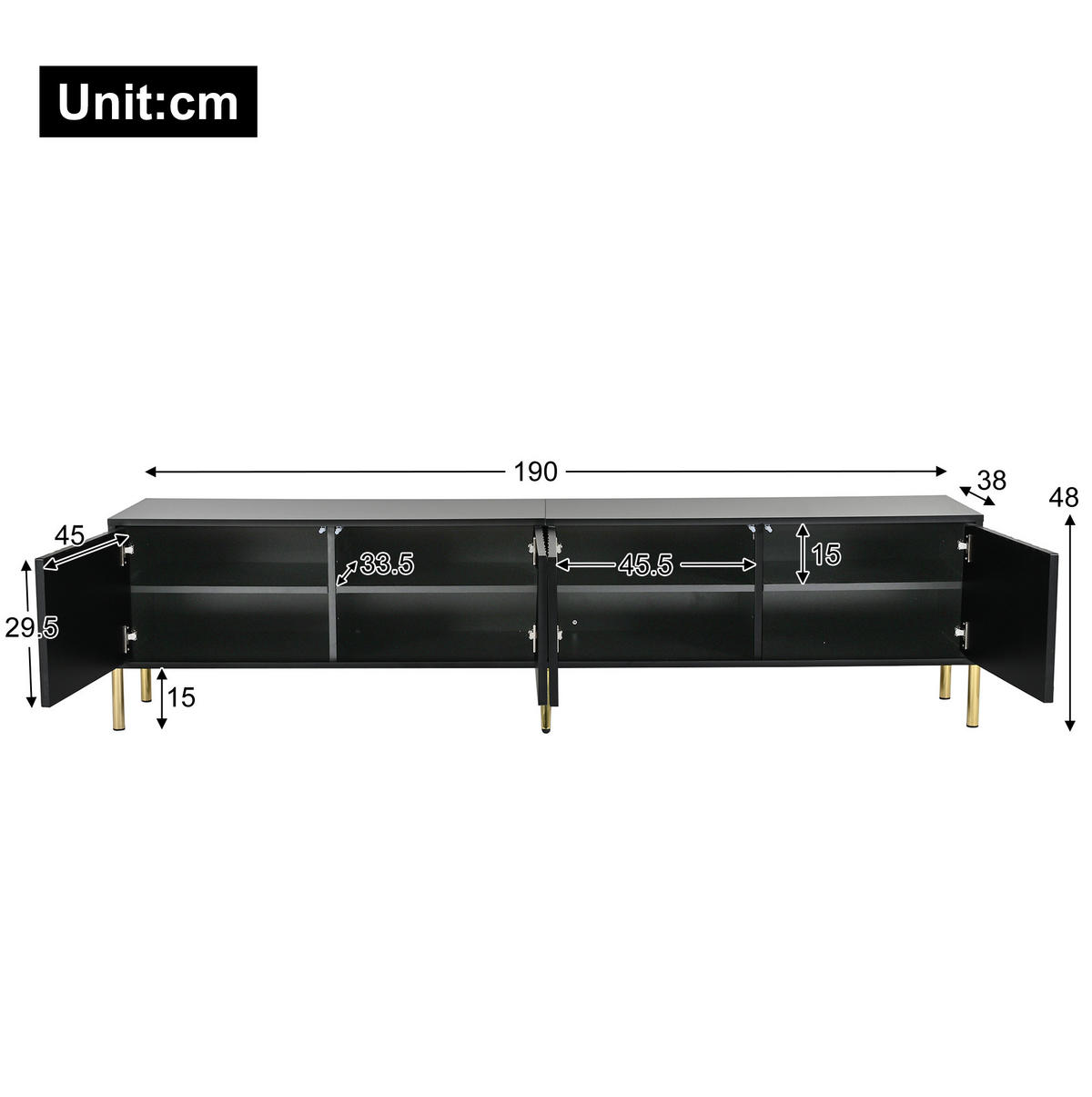 TV-LOWBOARD aus MDF und Spanplatte 190x38x48 cm Schwarz mit 4 Türen und goldfarbenen Füßen - Schwarz, Holzwerkstoff (190/48/38cm) - IVMEU