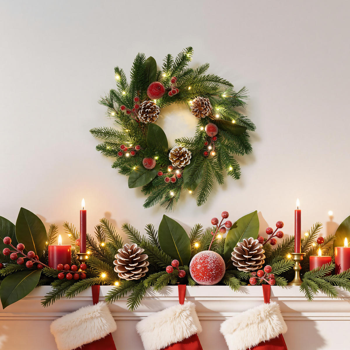 RUSTIKALER Weihnachtskranz Ø40cm mit Äpfeln, LEDs,Timerfunktion - Dunkelgrün, Naturmaterialien (40cm) - Hometopia