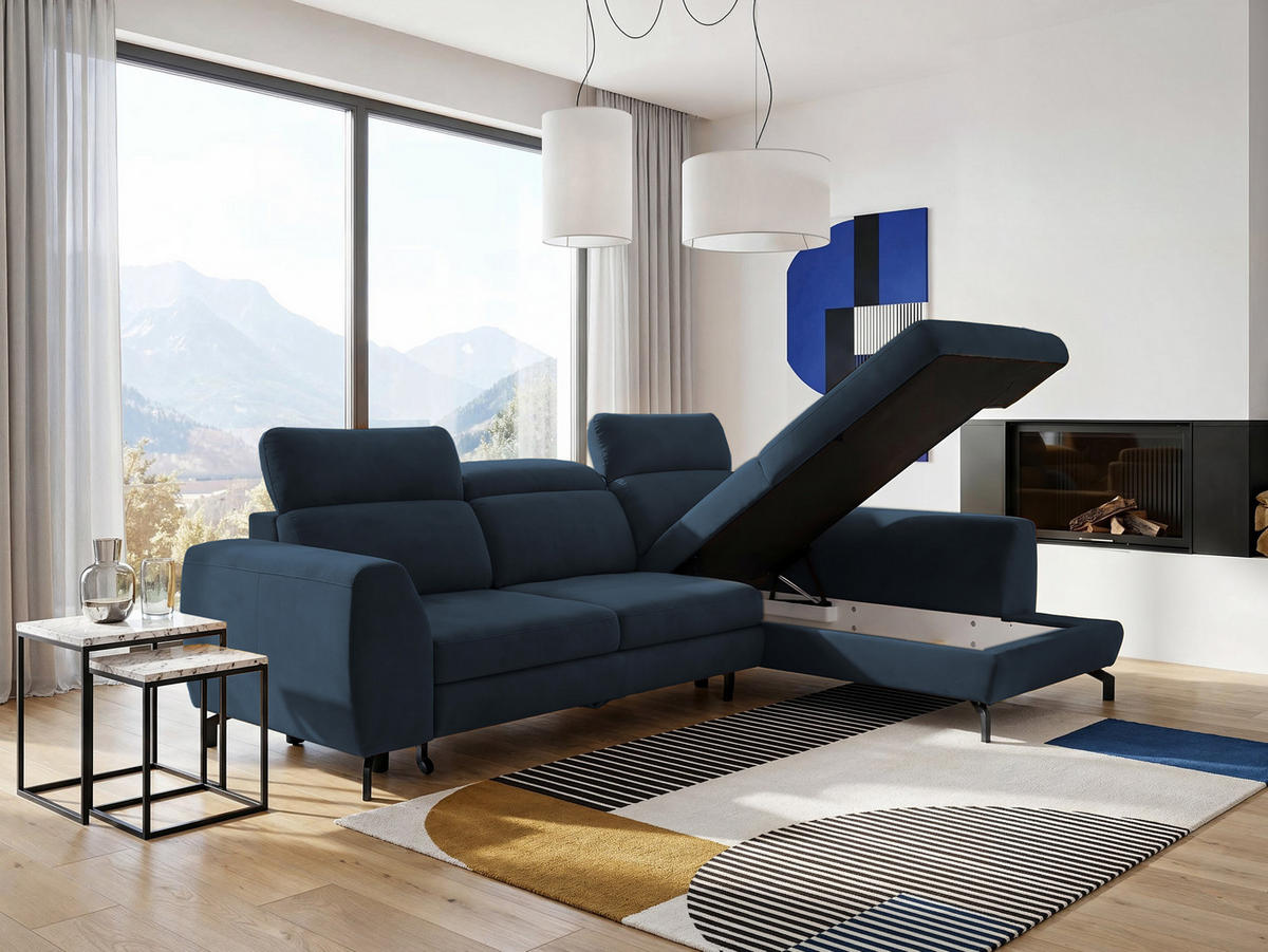 ECKSOFA ANTE Rechts, mit Schlaffunktion und Bettkasten, Marineblau - Dunkelblau, Textil/Metall (266/184cm) - Idohome