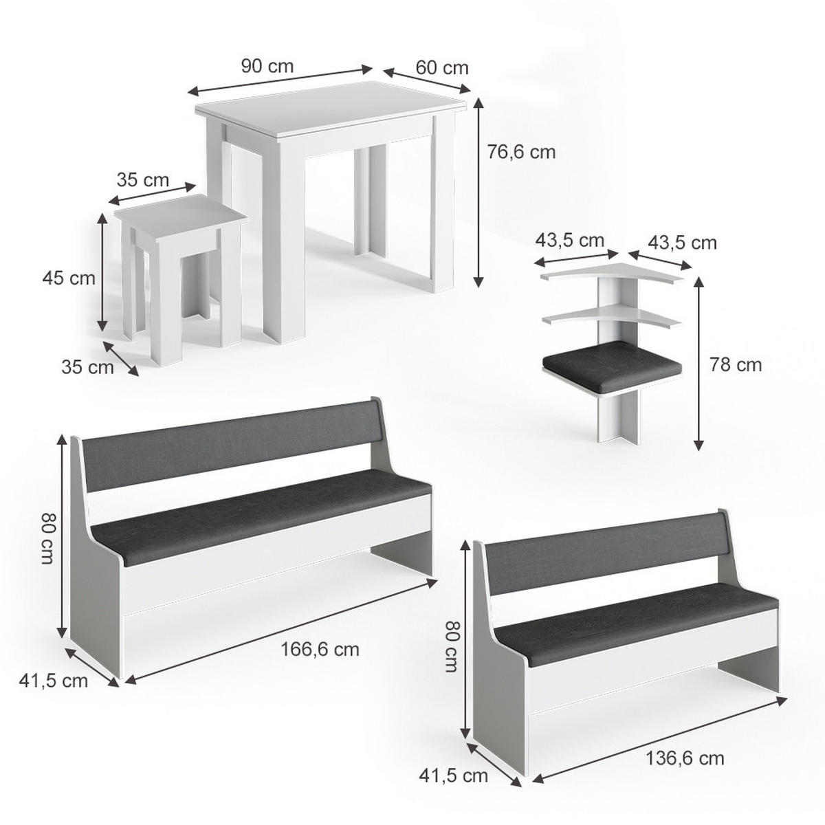 ECKBANKGRUPPE Roman Weiß 210 x 41.5 cm mit Tisch - Anthrazit/Weiß, Holzwerkstoff (210/80/180cm) - Vicco