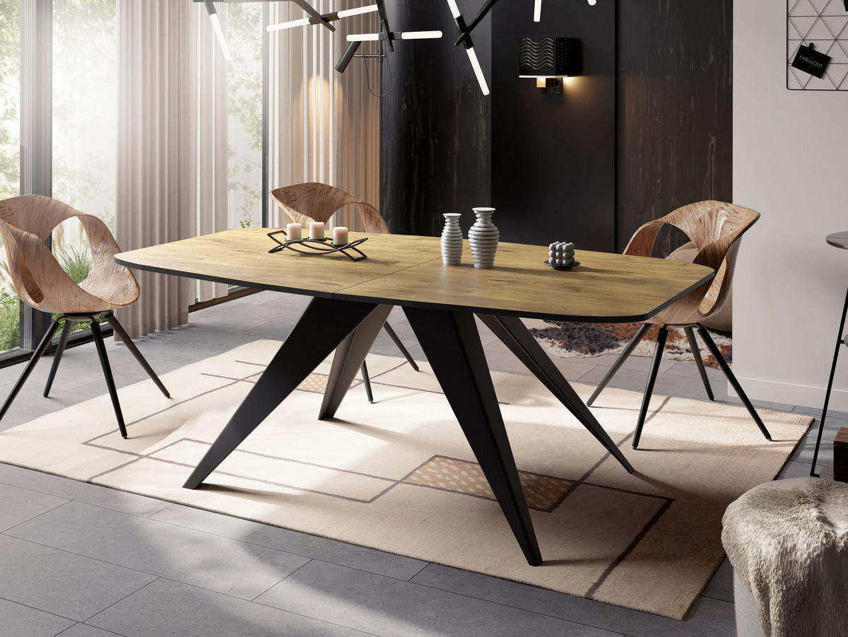 ESSTISCH Foster rechteckig ausziehbar, Lancelot Eiche 160-198/80/76 cm - Eichefarben/Schwarz, Holzwerkstoff/Metall (160/80/76cm) - WFL GROUP