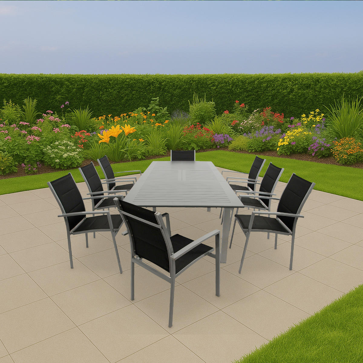 GARTEN-GARNITUR Ashford - 9-teilige Garten-Essgruppe (8x Stapelsessel mit Aluminiumgestell, Bespannung Textillehne schwarz, Ausziehtisch - Schwarz, Metall - TPFGarden