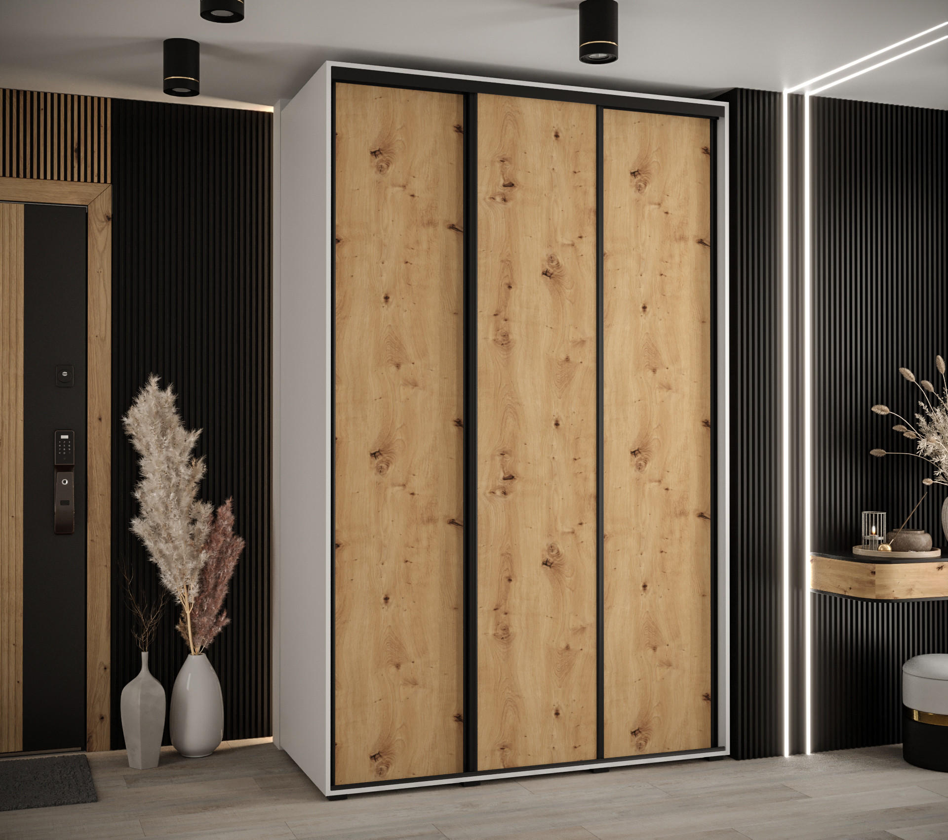Abiks Möbel Schwebetürenschrank Weiß, Eiche Artisan, Schwarz 160x235x60 cm