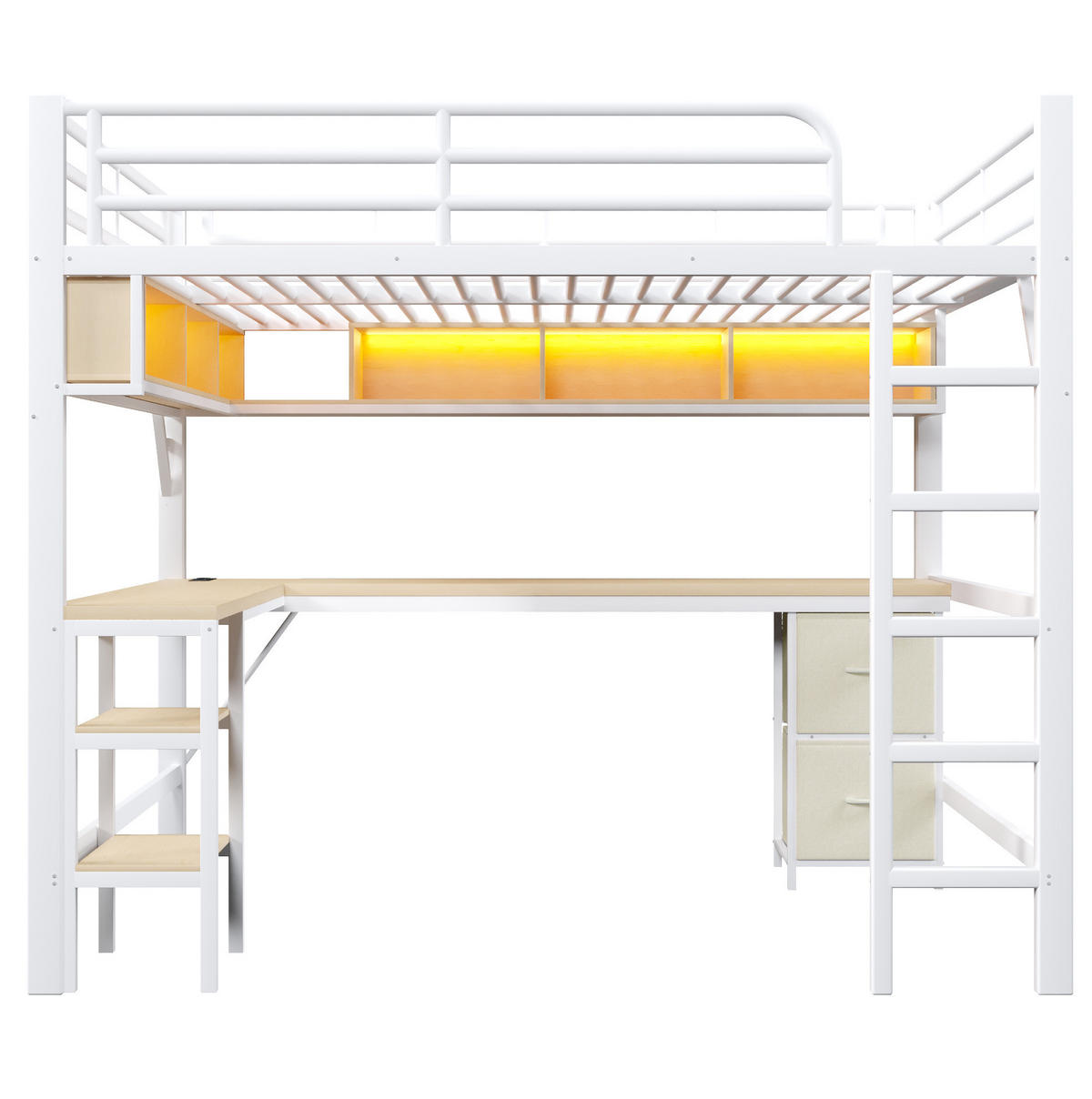 HOCHBETT aus Metall und MDF 140x200 cm Weiß mit Schreibtisch, Regal, Schrank, USB und LED-Beleuchtung - Weiß, Holzwerkstoff (140/200cm) - Modfu