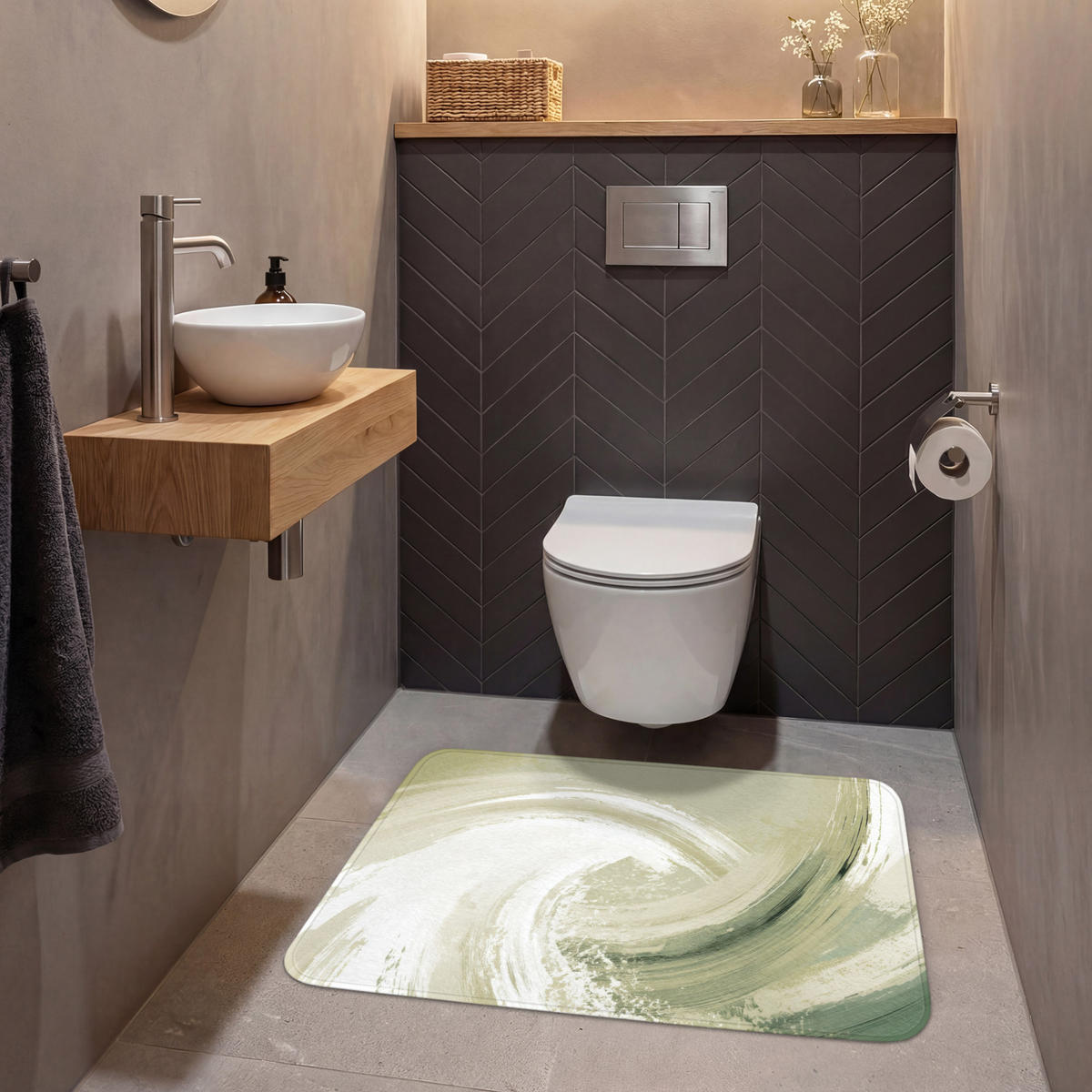 WC PŘEDLOŽKA Abstraktní - Tahy štětcem - Vlny - Zelená 90x60 cm - mátově zelená, textil/plast (90/1cm) - OnlyWow