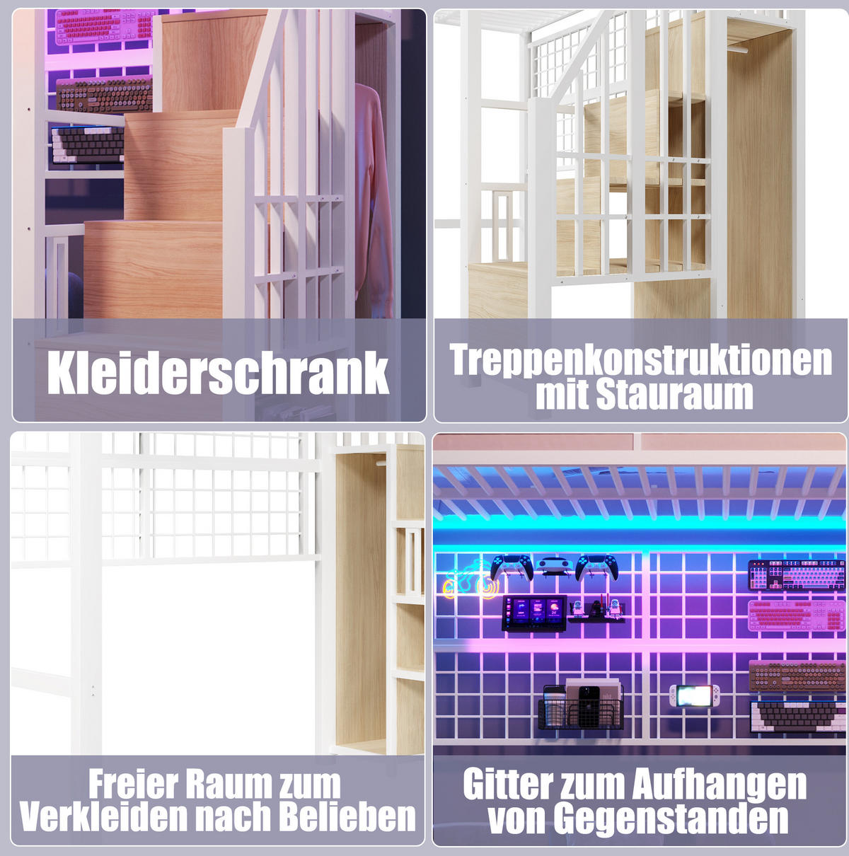 HOCHBETT 90/200 cm Weiß mit Stauraumleiter, Hängegitter und LED - Weiß, Metall (90/200cm) - MIVRAY