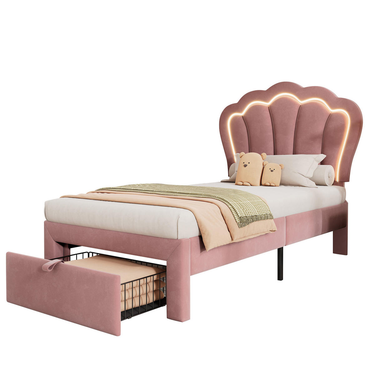 KINDERBETT 90/190 cm aus Samt mit LED-Beleuchtung und Schublade in Rosa - Rosa, Textil (90/190cm) - Flora Grace