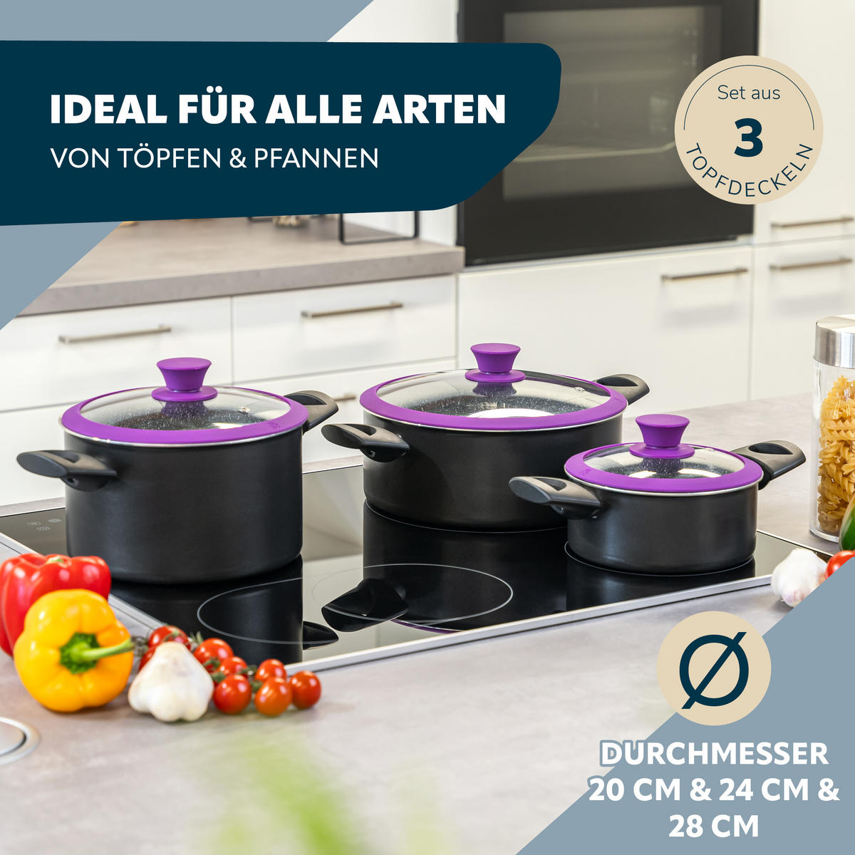UNIVERSAL-GLASDECKEL 3er-Set, gelb - Violett, Glas (28/28/4cm) - bremermann