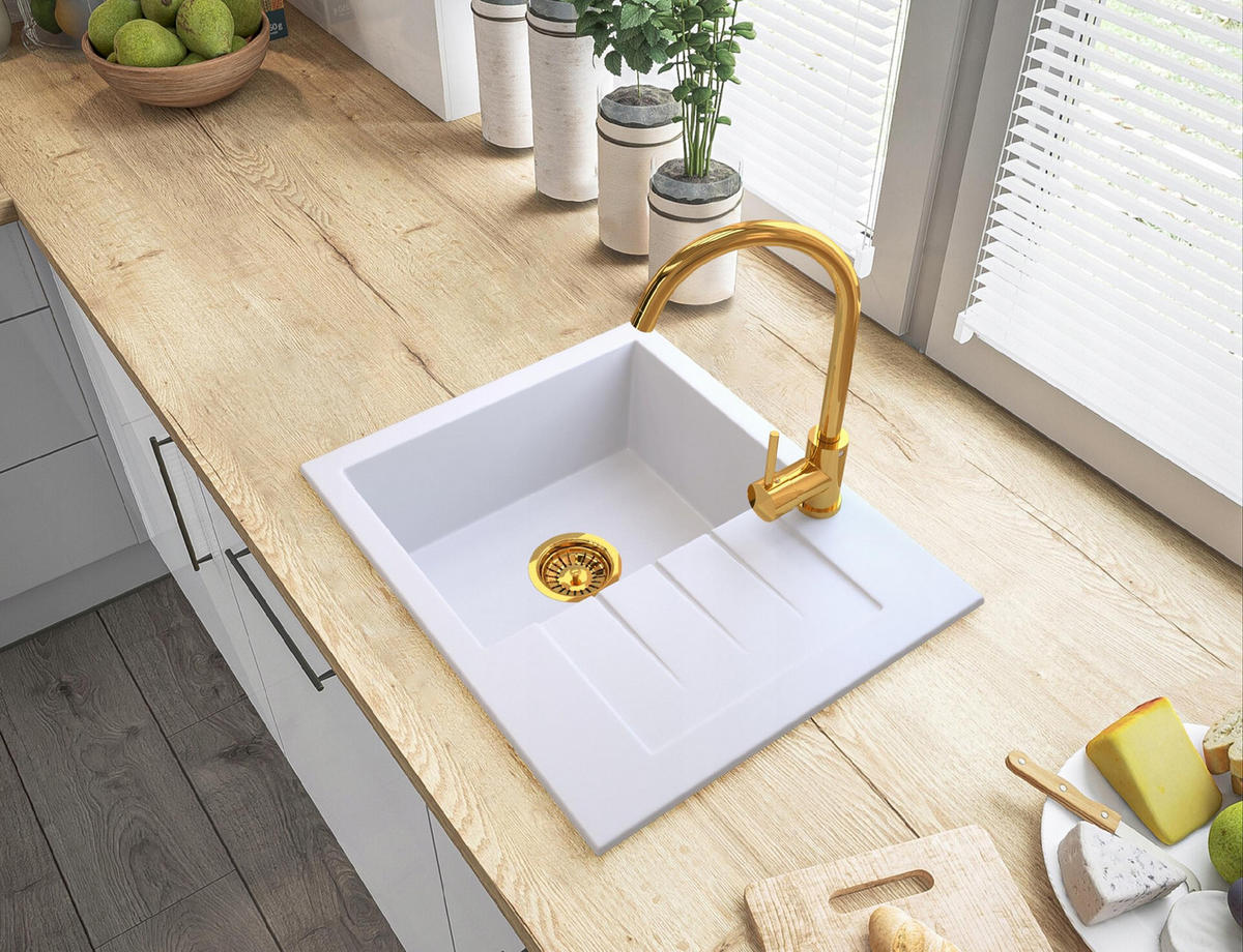 GRANITSPÜLE Milano mit Siphon Armatur - Weiß, Kunststoff/Stein (57/46/16cm) - Granitan