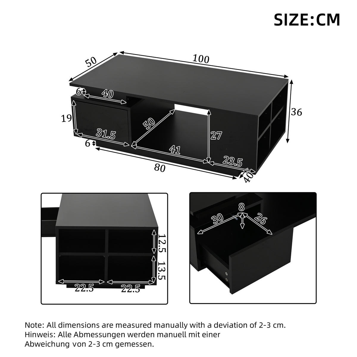 COUCHTISCH 100/50/36 cm Schwarz mit LED-Beleuchtung Hochglanz mit Schublade - Schwarz, Holzwerkstoff (100/50/36cm) - OKWISH