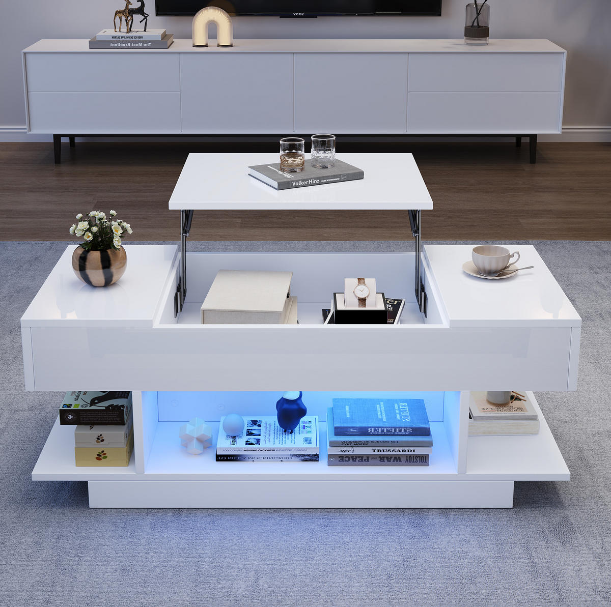 COUCHTISCH aus Spanplatte 98x45x40 cm in Weiß mit LED-Beleuchtung & Liftfunktion - Weiß, Holzwerkstoff (98/45/40cm) - Modfu