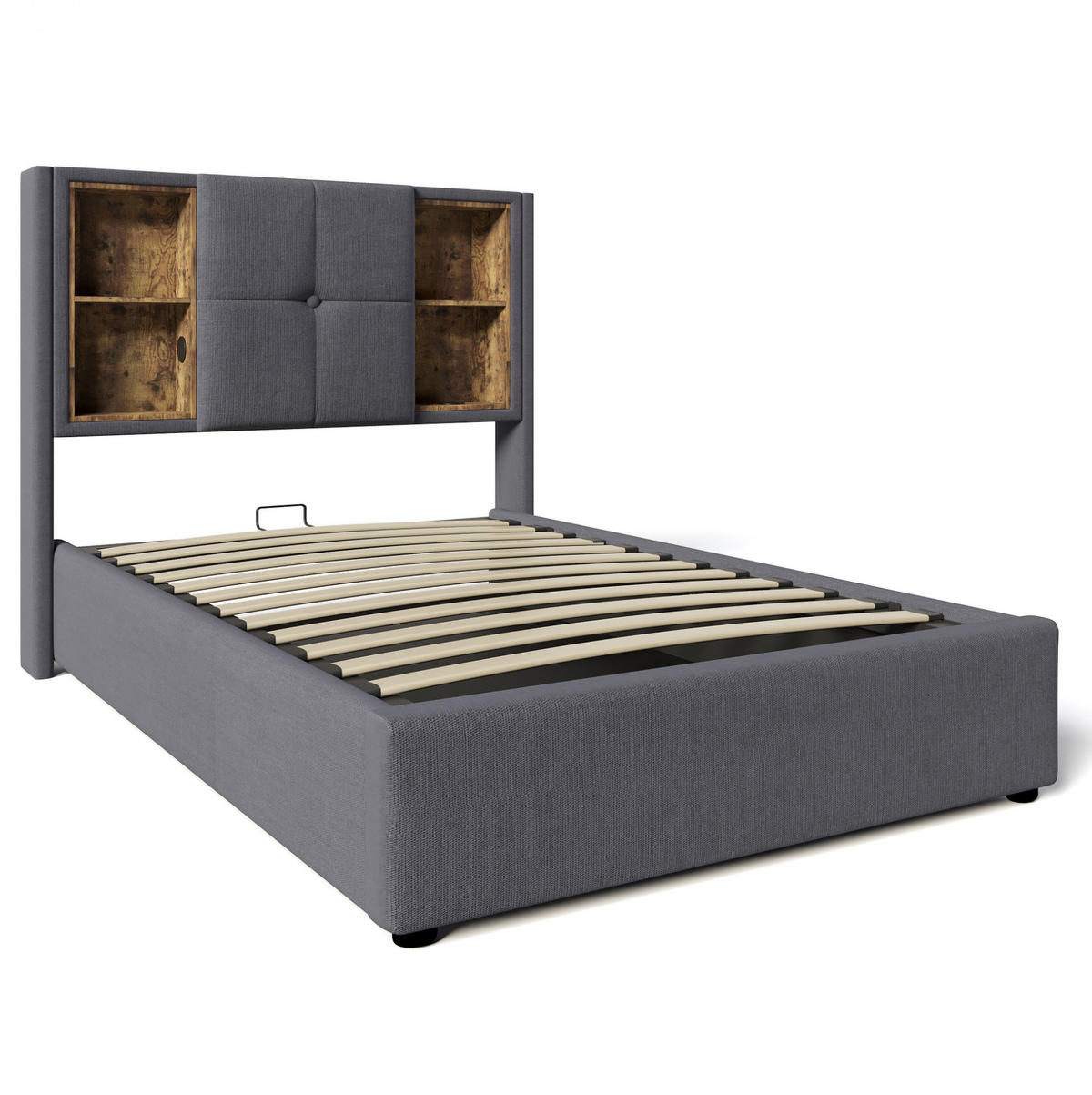 POLSTERBETT 90/200 cm mit kabellosem Laden, USB-C, Bettkasten und Matratze aus Baumwolle, Grau - Grau, Textil (90/200cm) - Redom