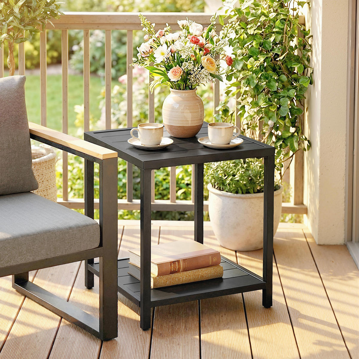 GARTENBEISTELLTISCH DE-14194 zweistufig, quadratisch Schwarz - Schwarz, Metall (45/45/54cm) - ComfortXL