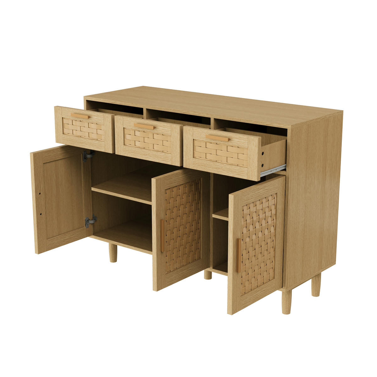 SIDEBOARD für das Esszimmer mit Korbgeflecht-Optik, Aufbewahrungsschrank aus Naturholz, Wohnzimmerschrank mit 3 Schubladen und 3 Türen, in Eiche - Alteiche, Holz (40/80/107.9cm) - WoodenAura