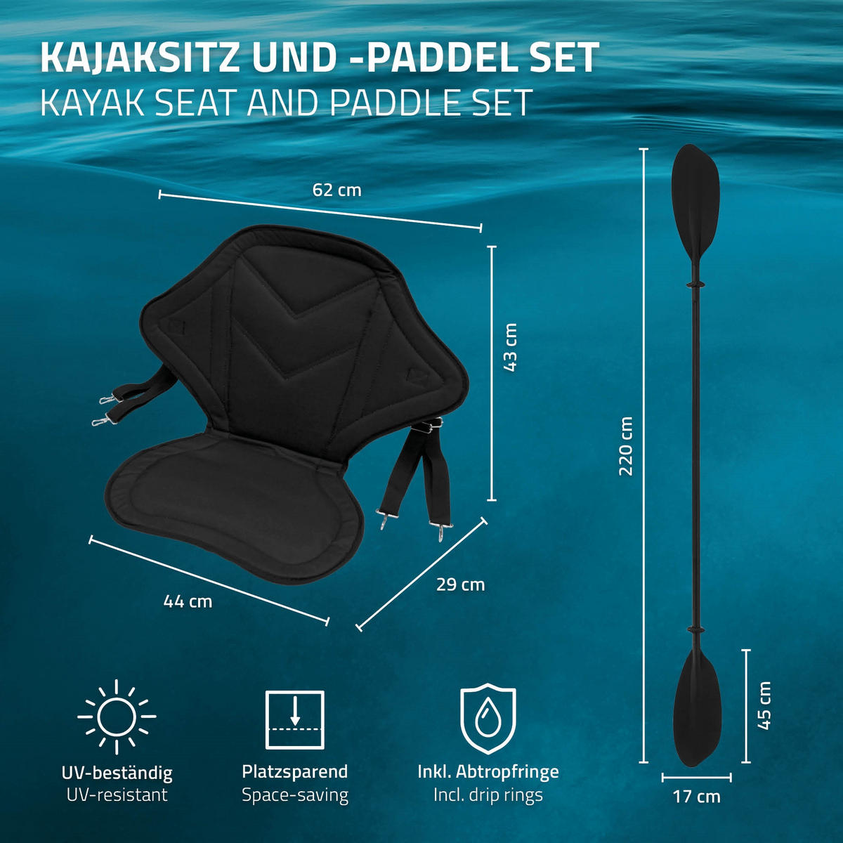 KAJAK SITZ mit Paddel Set - Schwarz, Kunststoff (29/44/43cm) - ECD-Germany
