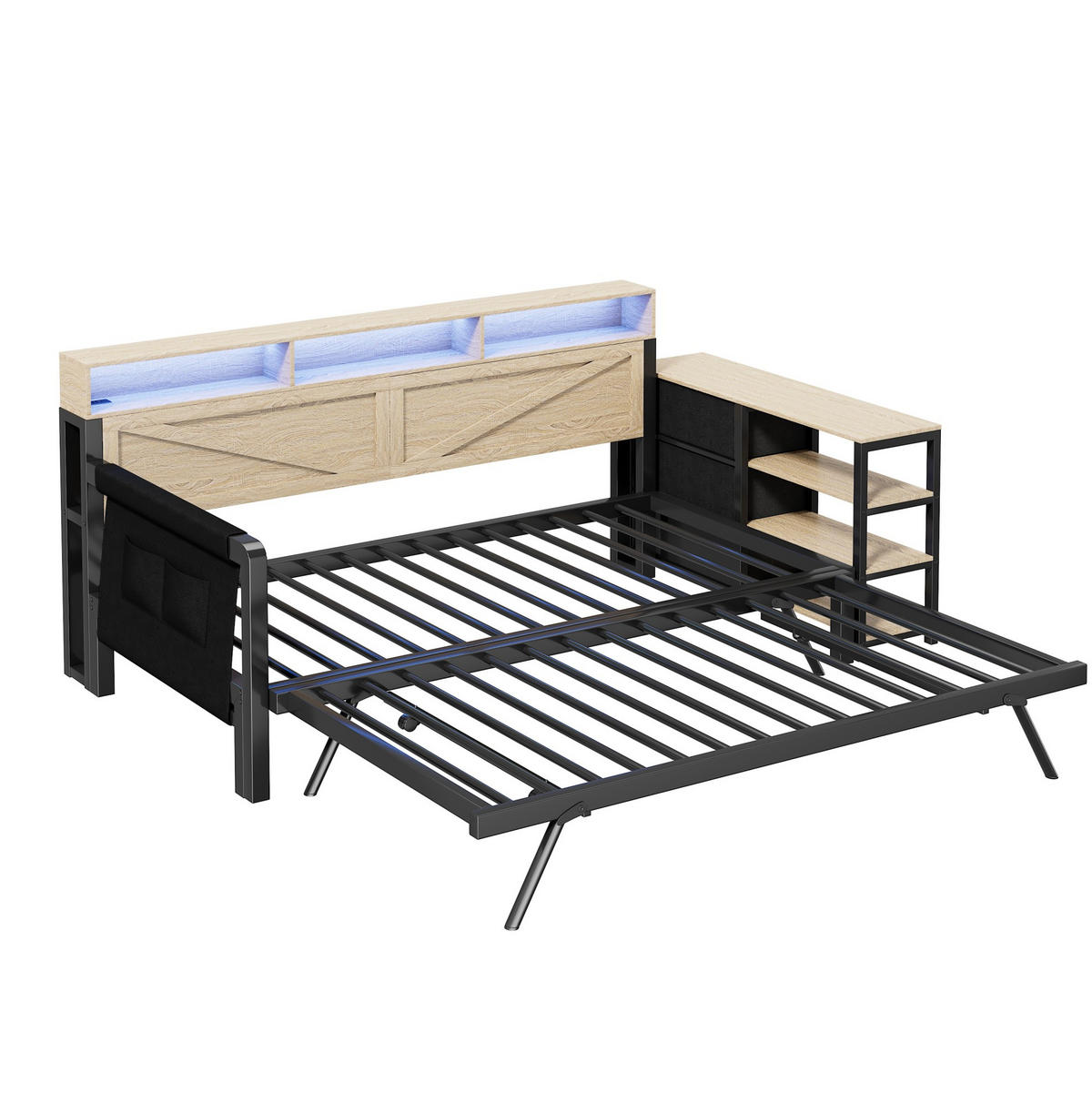 TAGESBETT aus Metall und MDF 90x200 cm Schwarz mit Ausziehbett, LED-Beleuchtung, USB und Stauraum - Schwarz, Holzwerkstoff (90/200cm) - Modfu