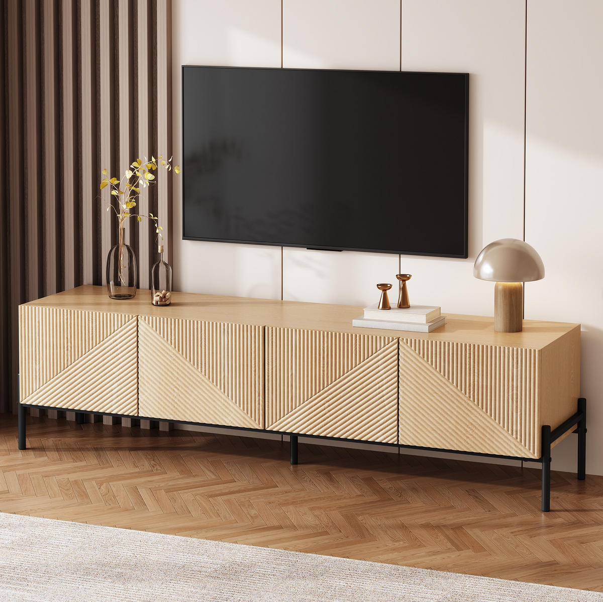 TV-LOWBOARD 163,5/40/45 cm mit 4 Türen, Push-to-Open und Kabeldurchlässen, Natur - Hellbraun, Holzwerkstoff (163.5/45/40cm) - Redom
