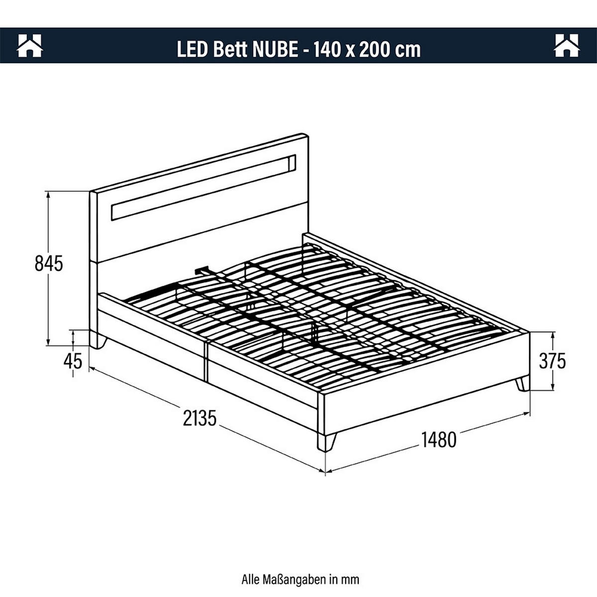 LED BETT NUBE - Weiß, 140 x 200 cm - Weiß, Kunststoff - Home Deluxe