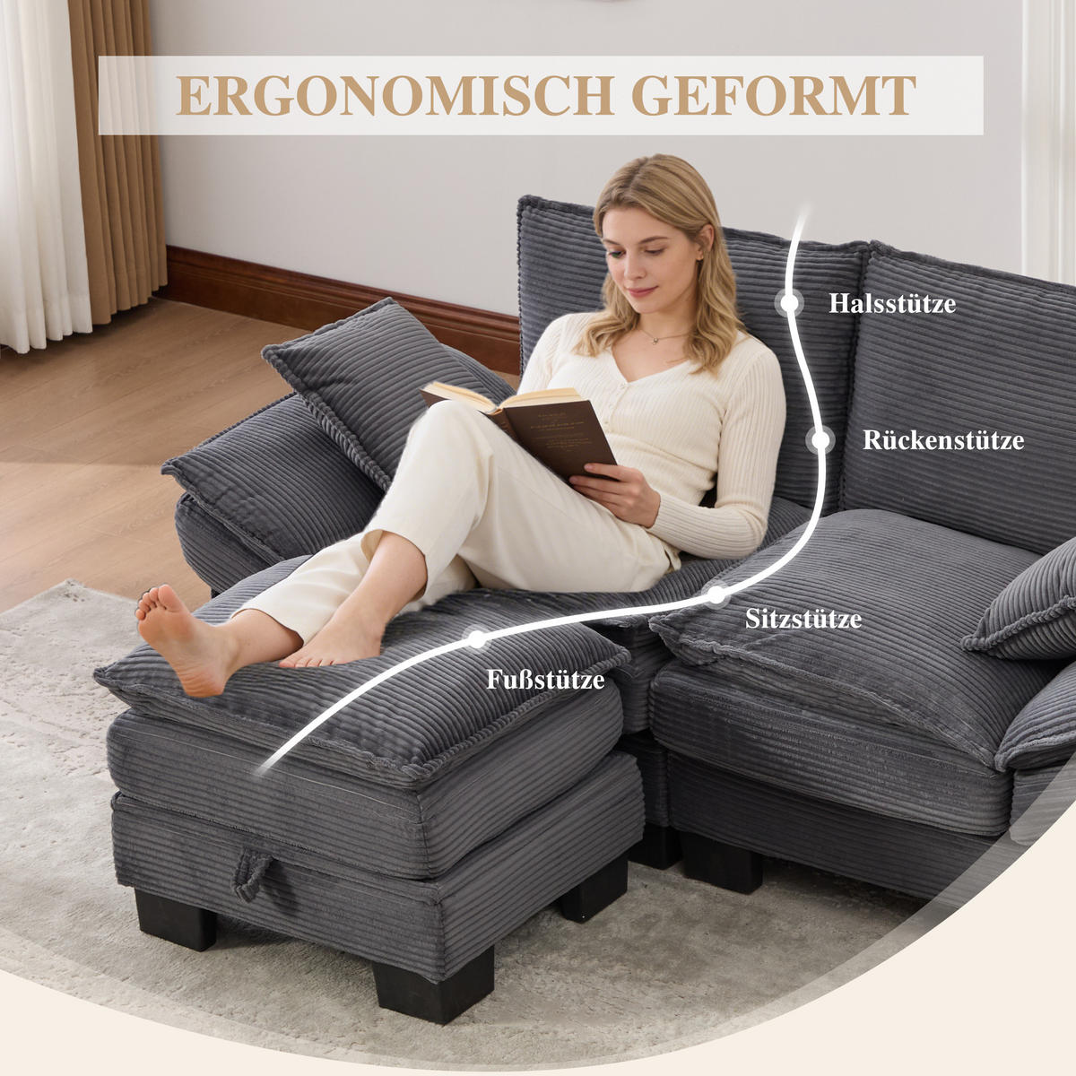 2-SITZER SOFA Cord Dunkelgrau mit Hocker, USB-C und Seitentaschen - Dunkelgrau, Holzwerkstoff/Kunststoff (190/132cm) - WISHDOR