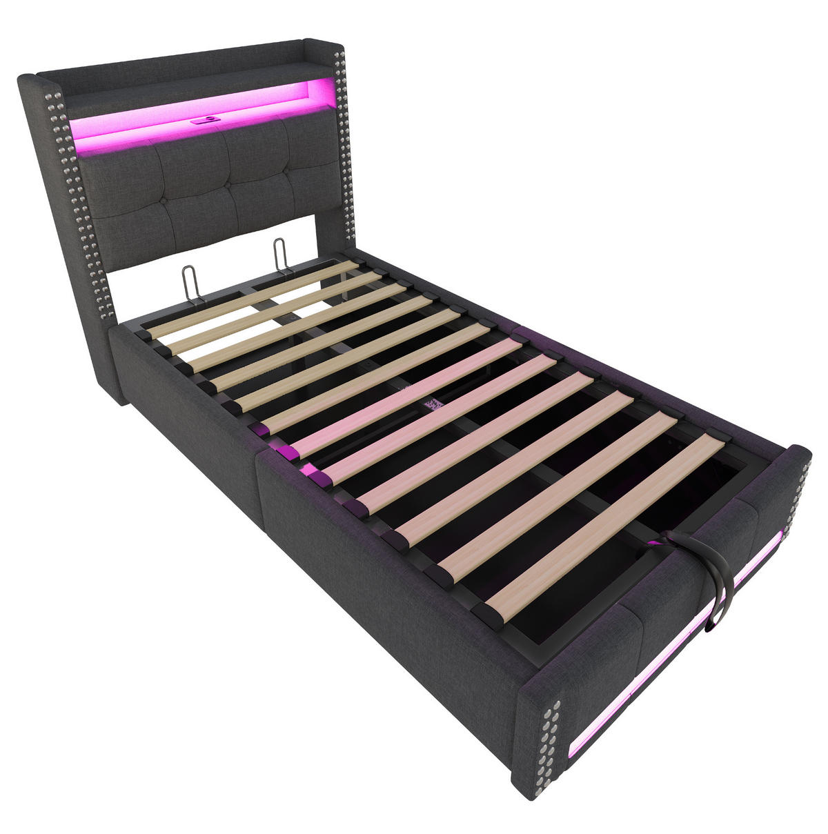 POLSTERBETT mit Stauraum, LED und USB 90x200 cm Leinenstoff Grau - Grau, Metall (90/200cm) - Beauniv