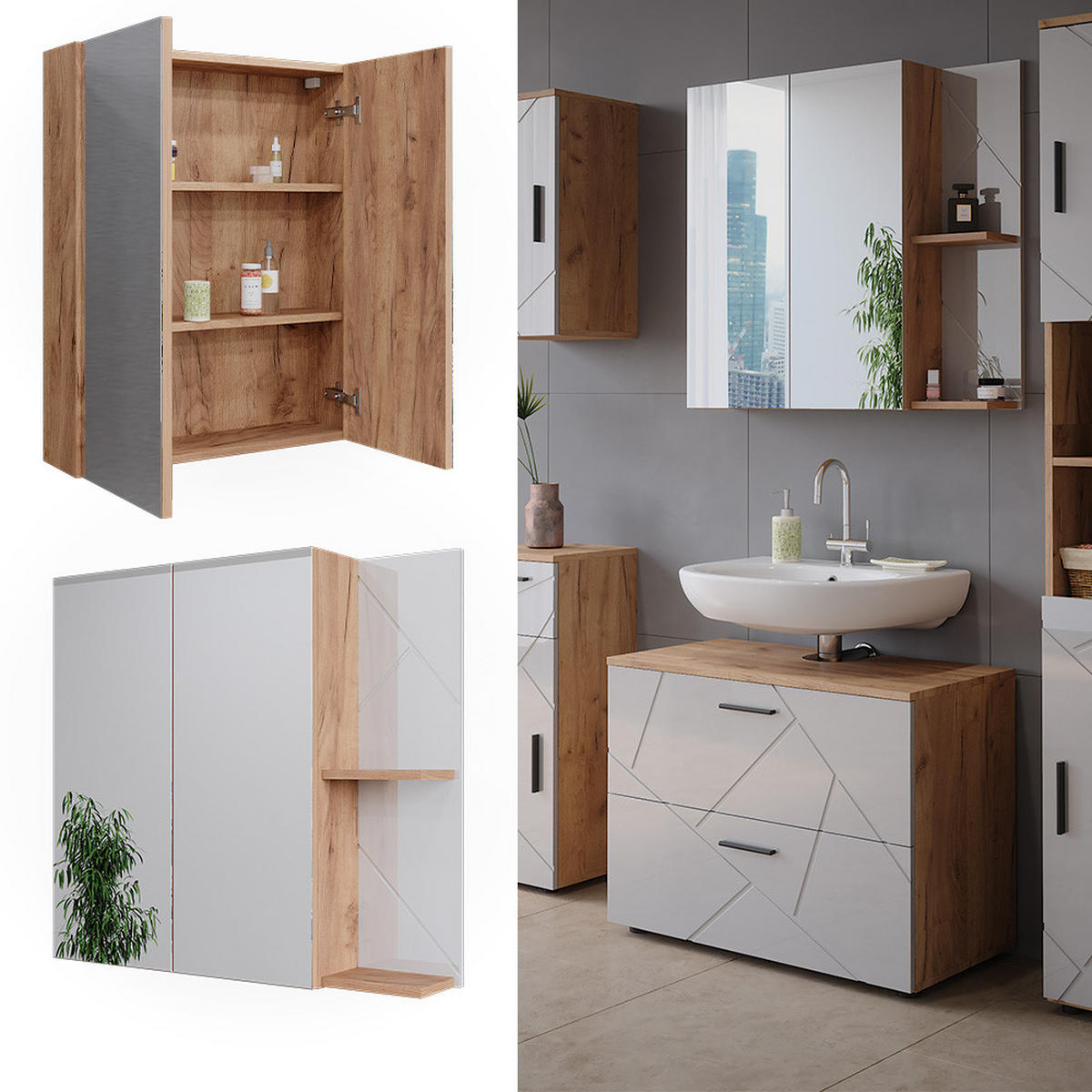 BADSPIEGELSCHRANK Irma Goldkraft Eiche/Weiß Hochglanz 80 x 75 cm - Weiß Hochglanz/Eiche Wotan, Holzwerkstoff (80/75/17.2cm) - Vicco