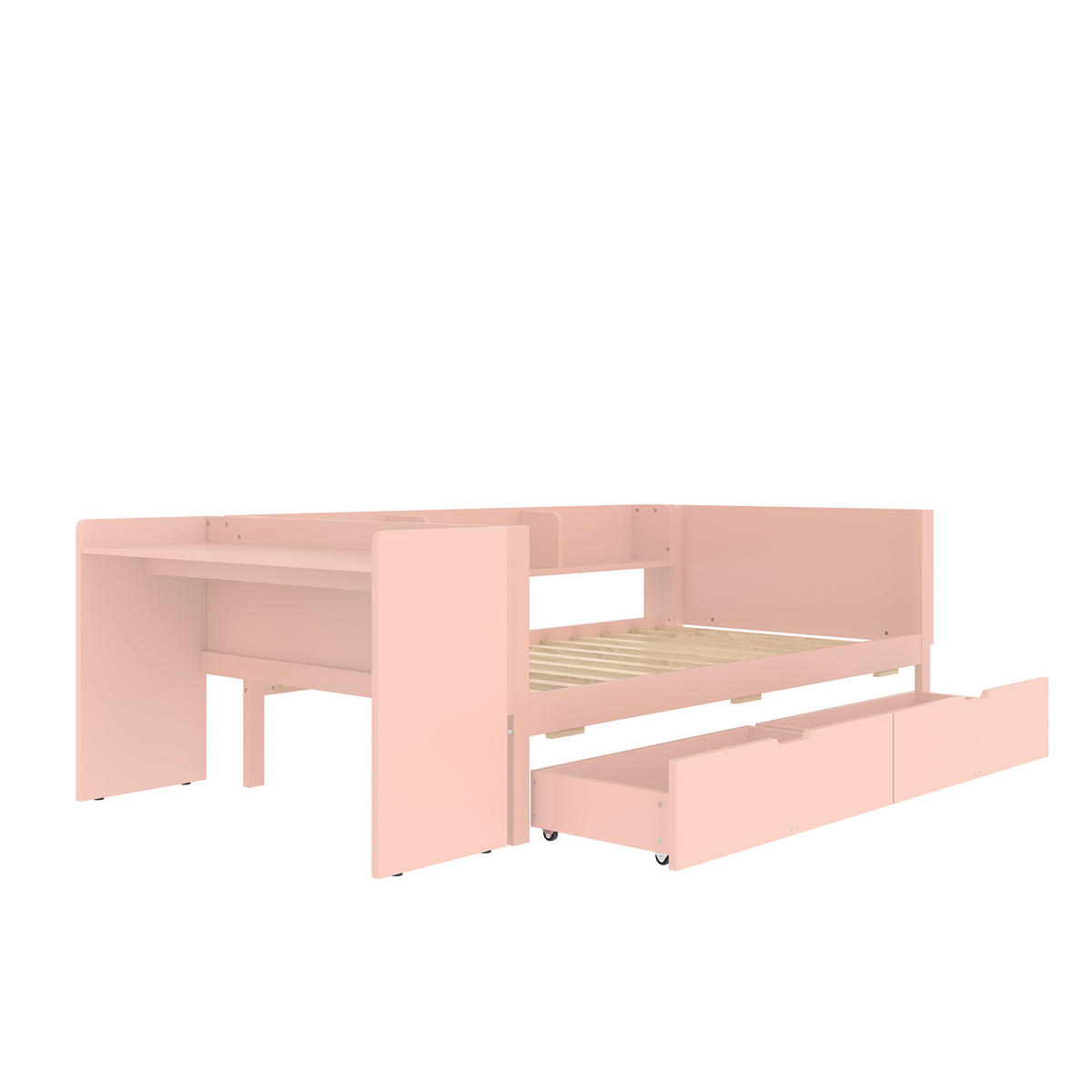 KINDERBETT 90x200 cm, Flachbett (Holzbett) mit Schreibtisch, 2 Schubladen & Regalen, Kiefer+Spanplatte, rosa, ohne Matratze - Rosa, Holz (90/200cm)