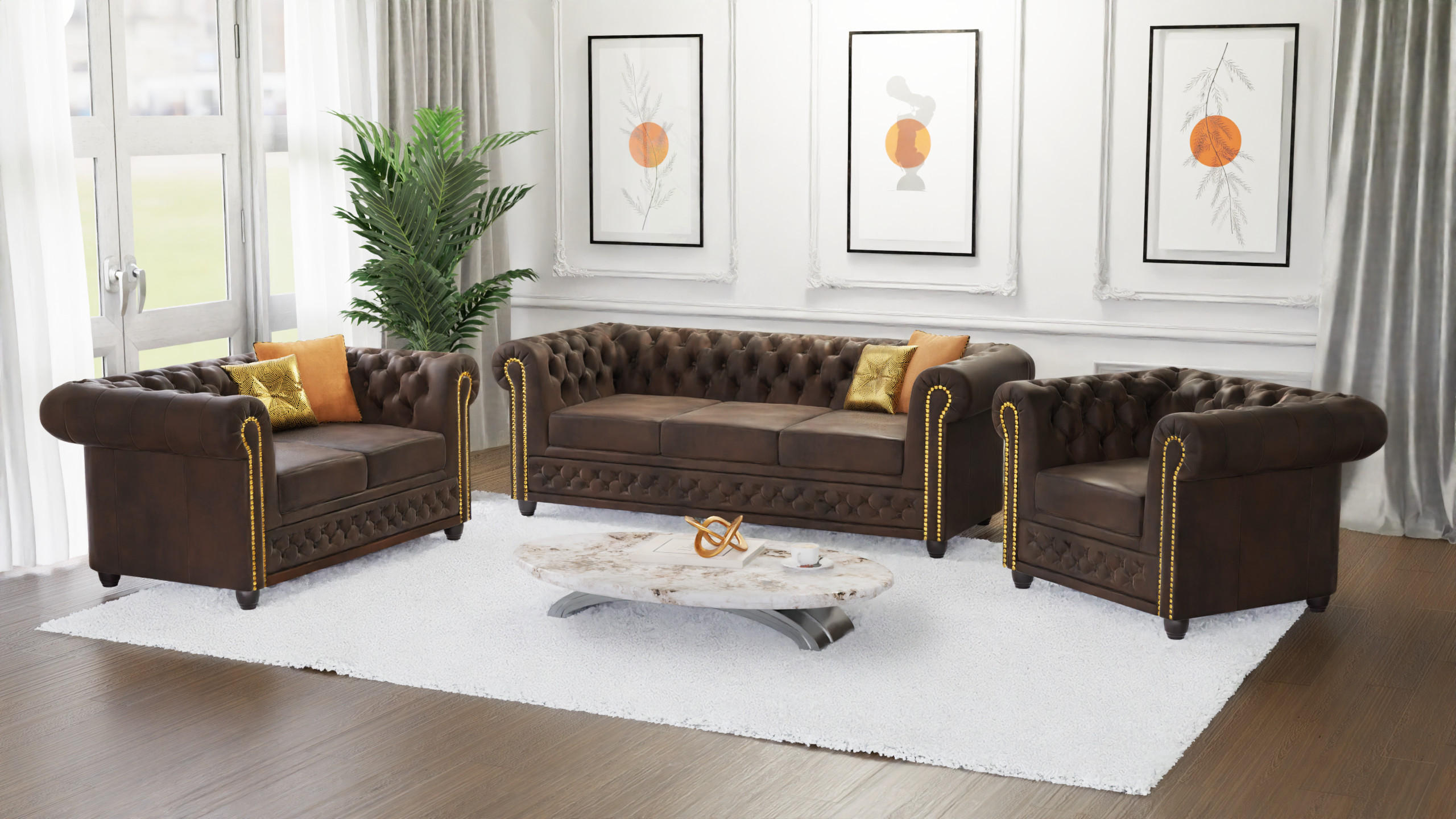 SITZGARNITUR 3+2+1 Chesterfield Flux Dunkelbraun Microfaser Vintageoptik - Dunkelbraun/Braun, Holz/Textil (203/72/86cm) - S-Style Möbel