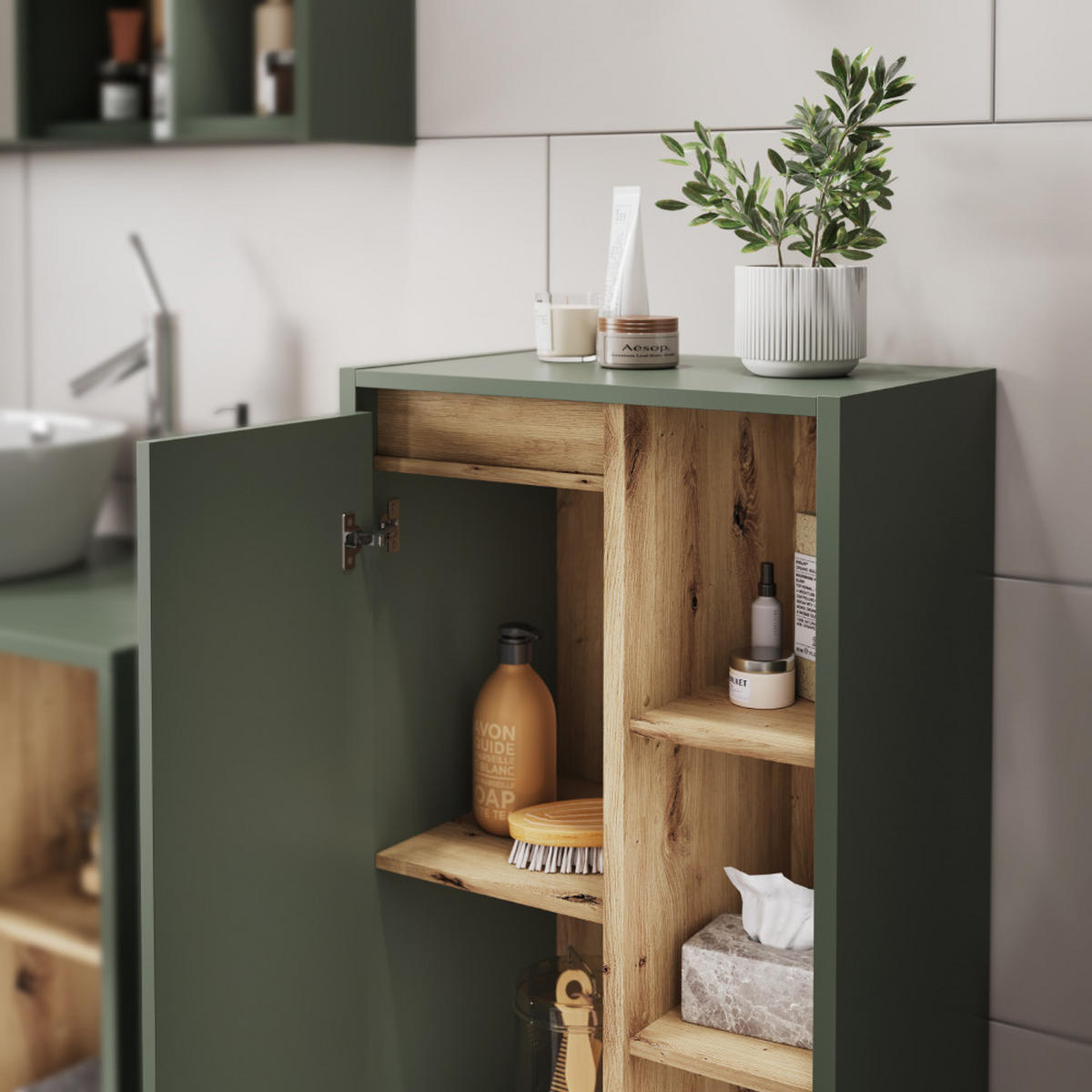 MIDISCHRANK Viola Grün/Artisan 50 x 86 cm mit offenen Regalen - Eiche Artisan/Grün, Holzwerkstoff (50/86/33cm) - Vicco