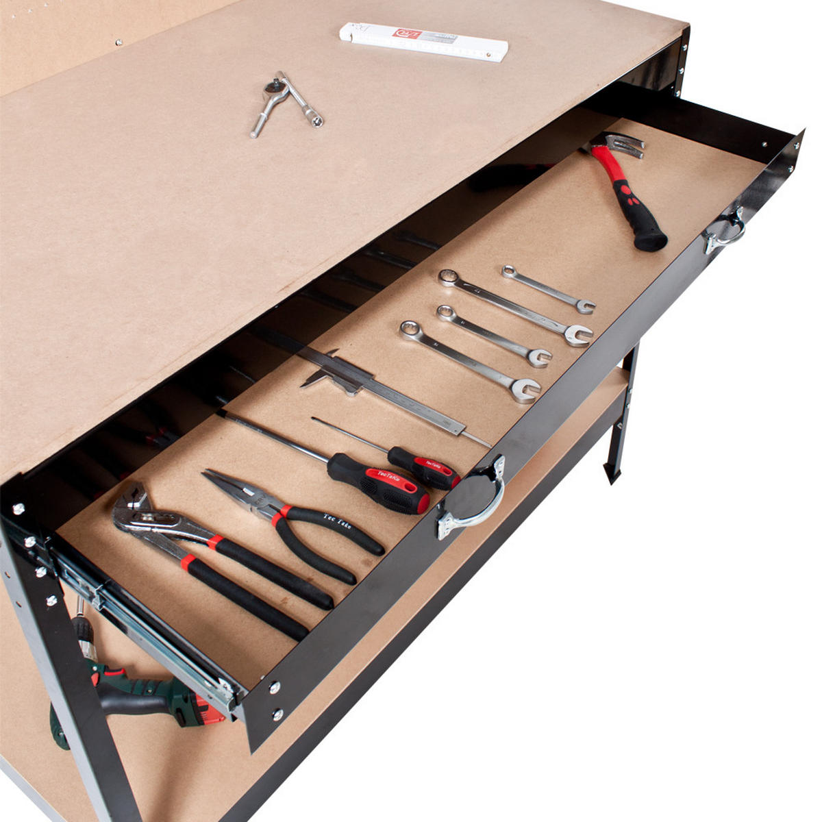 WERKBANK ,120 x 60 x 156 cm, Kunststoffkappen an den Füßen,schwarz - Schwarz, Metall (60/156cm) - tectake