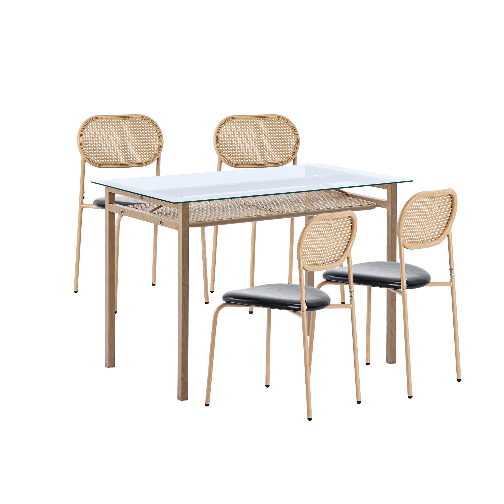 ESSTISCH SET mit Glasplatte & 4 Rattanstühle - Schwarz, Glas/Textil (110/74/65cm) - Urban Meuble
