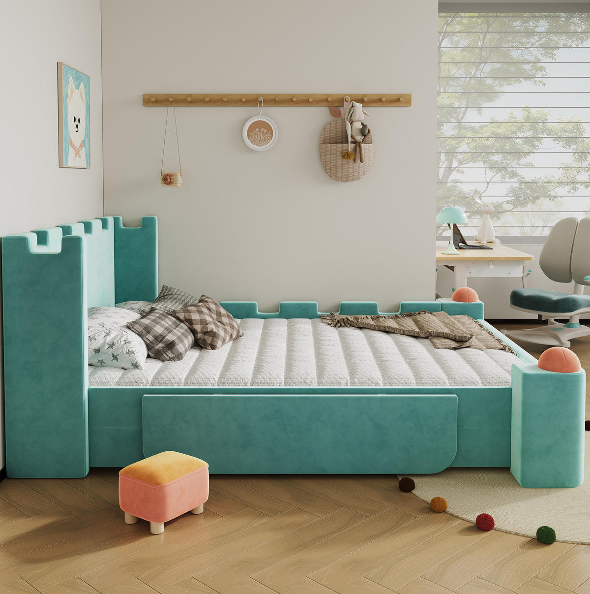 POLSTERBETT Burg-Design 140/200 cm Blaugrün mit Stauraum-Schublade ohne Matratze - Petrol, Textil (140/200cm) - MIVRAY