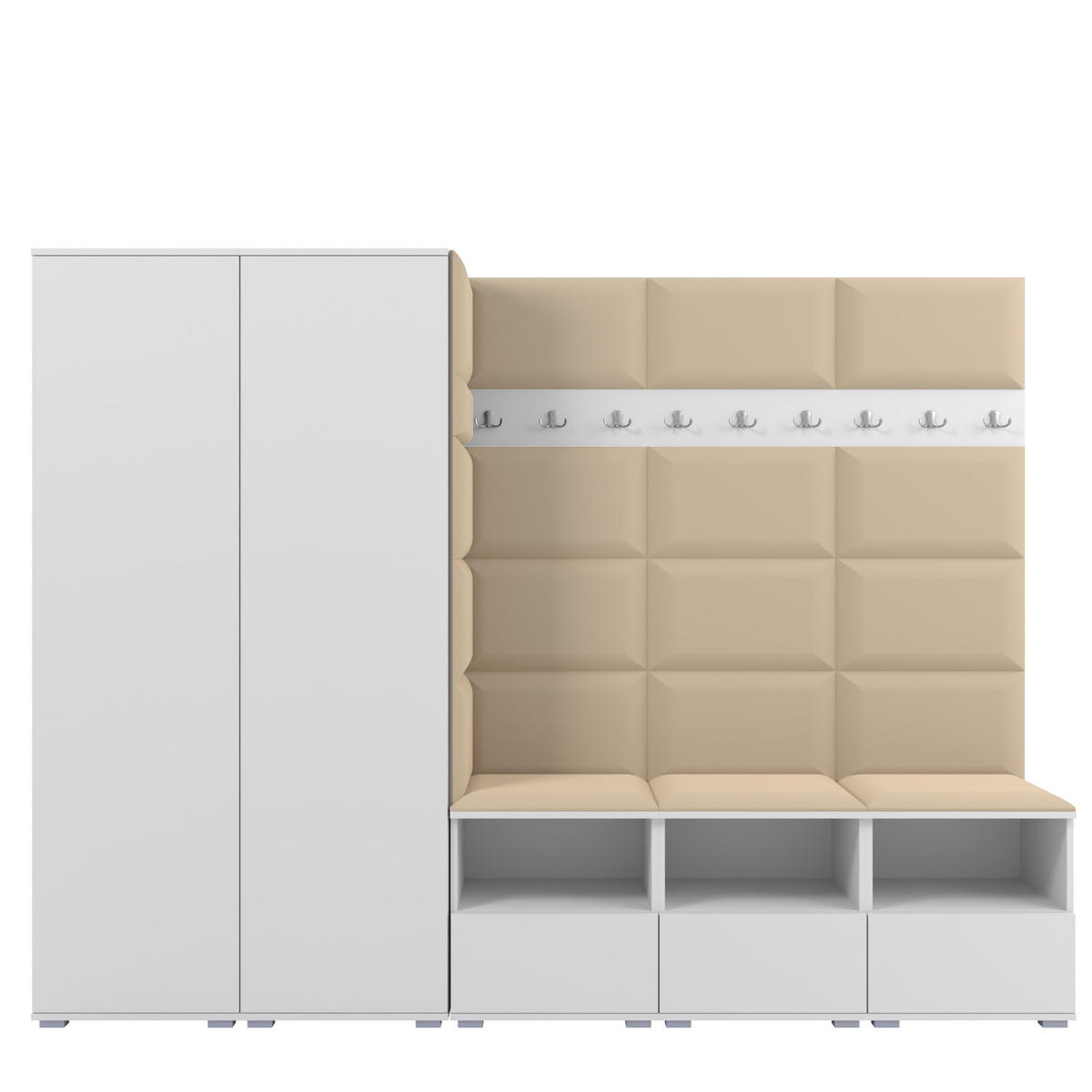 GARDEROBE NELA VII 250 cm (Modulare Flurmöbel XL Weiß mit Sitzpolster Beige 04 2 Schränke) - Beige/Silberfarben, Holz/Holzwerkstoff (250/187/40cm) - Ravio