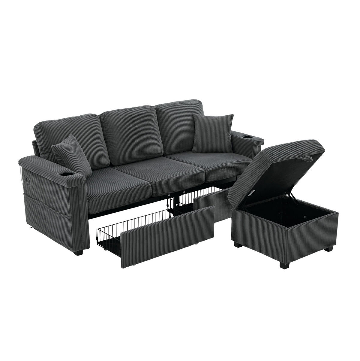SOFA mit LED und USB/TYPE-C 194 x 73 x 81 cm Corduroy Dark Gray - Dunkelgrau, Kunststoff (194/81/73cm) - Meubliv