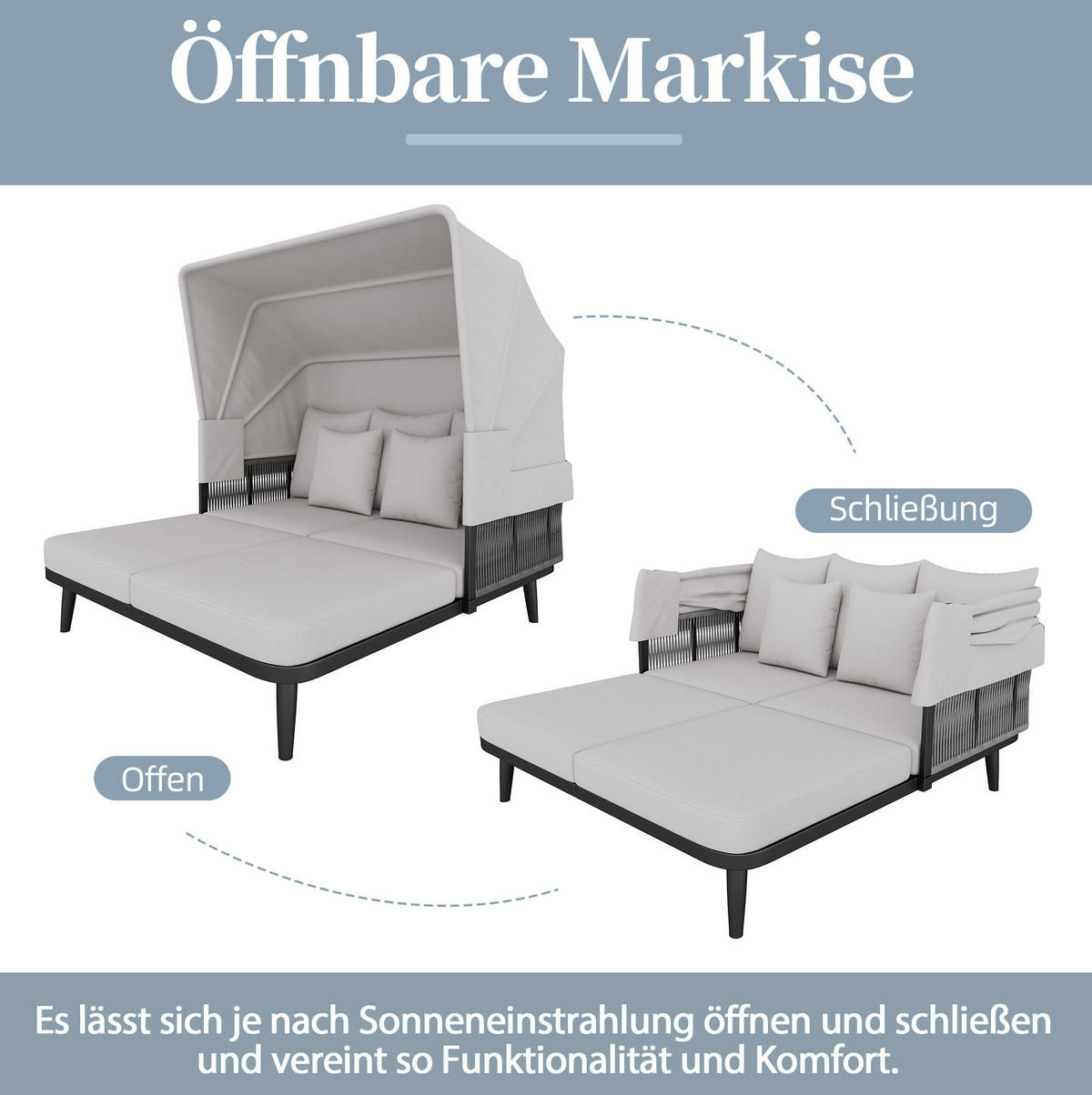 SONNENLIEGE aus Polyester 146x151x145cm in Grau mit einziehbarer Markise - Grau, Textil (152/145/146cm) - Modfu