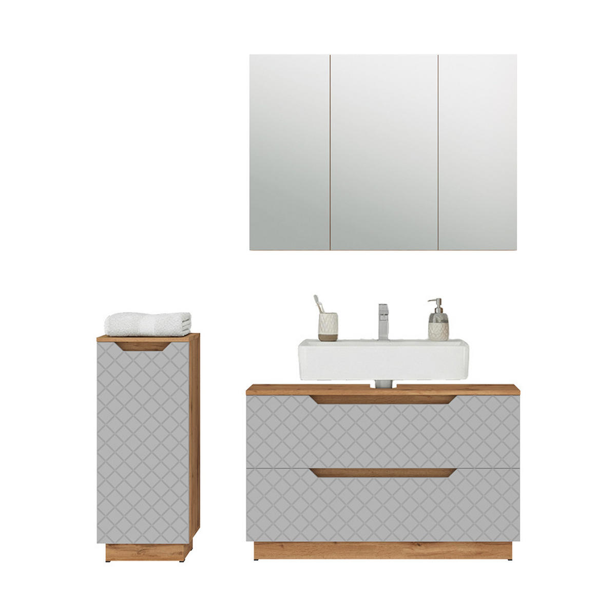 BADMÖBEL-SET Lotta Eiche/Grau mit Kachelstruktur 3 Teile - Grau, Holzwerkstoff (99.4/62.5/32cm) - Vicco