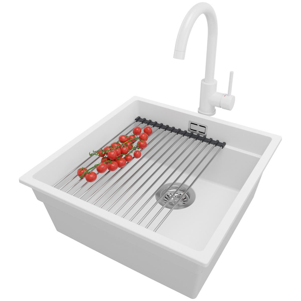 UNTERBAUSPÜLE GRANIT Praga, 2-er set Weiß 46/47 cm 1 Becken + Küchenarmatur 32/20 cm + Ablauf-Set + Aufrollbare Abtropffläche ab 50er Unterschrank - Chromfarben/Weiß, Kunststoff (46/20/47cm) - Primagran