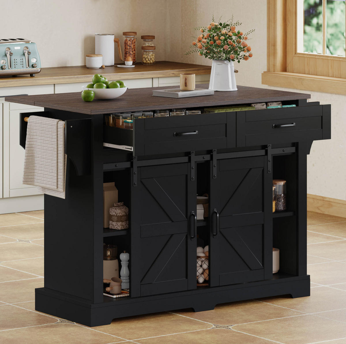 KÜCHENINSEL mit klappbarer Arbeitsplatte 120x45(70)x91 cm Schwarz - Schwarz, Holz (70/91/120cm) - Beauniv