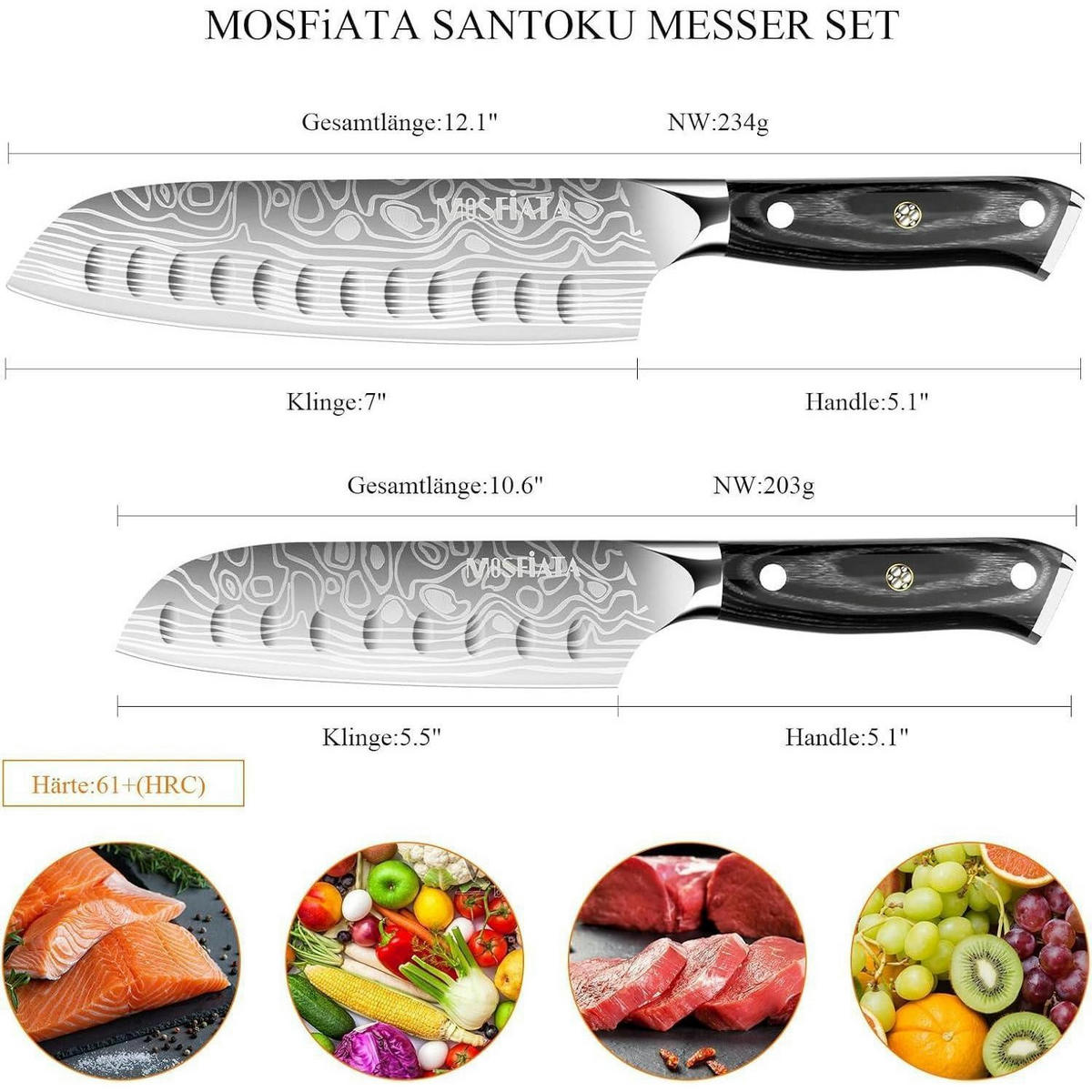 KÜCHENMESSER Set 2-tlg Santoku Messer 18 cm und 14 cm aus deutschem Edelstahl - Silberfarben, Metall (30cm)