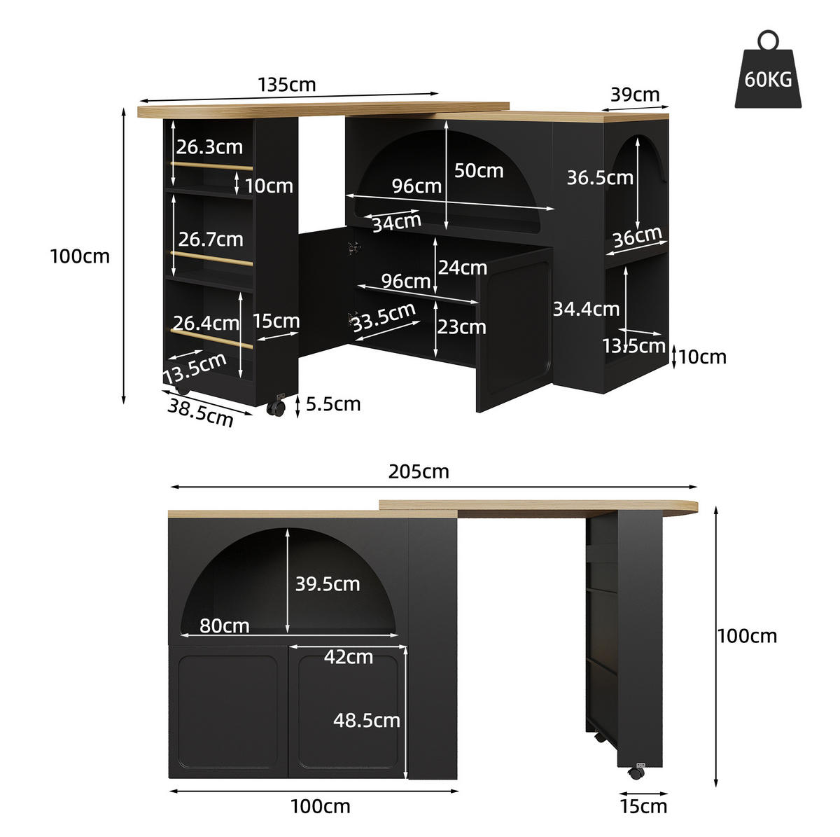 AUSZIEHBARER Bartisch MDF mit Stauraum & LED, 135-205/39/100 cm, Schwarz - Schwarz, Holzwerkstoff (39/100/135cm) - Redom